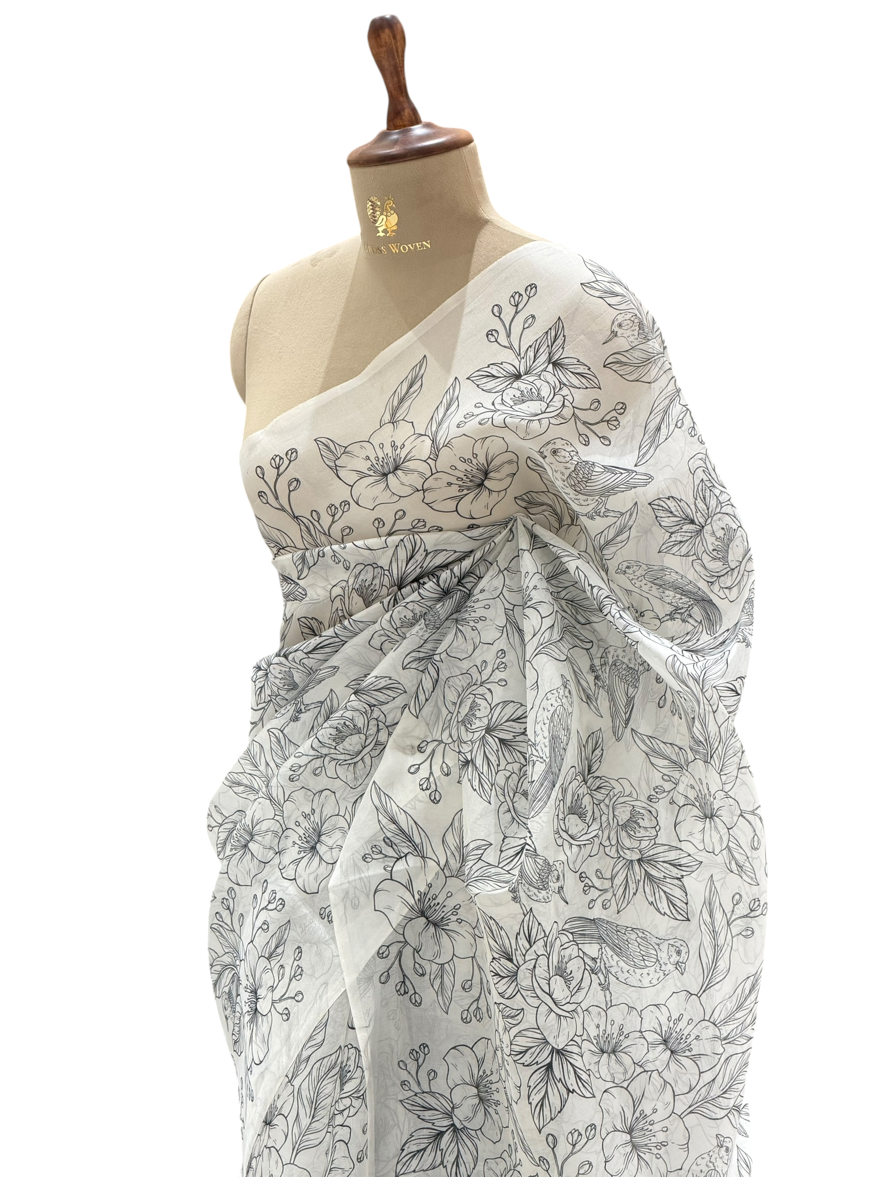Ivory Organza Printed Saree With All-Over Floral Patterns