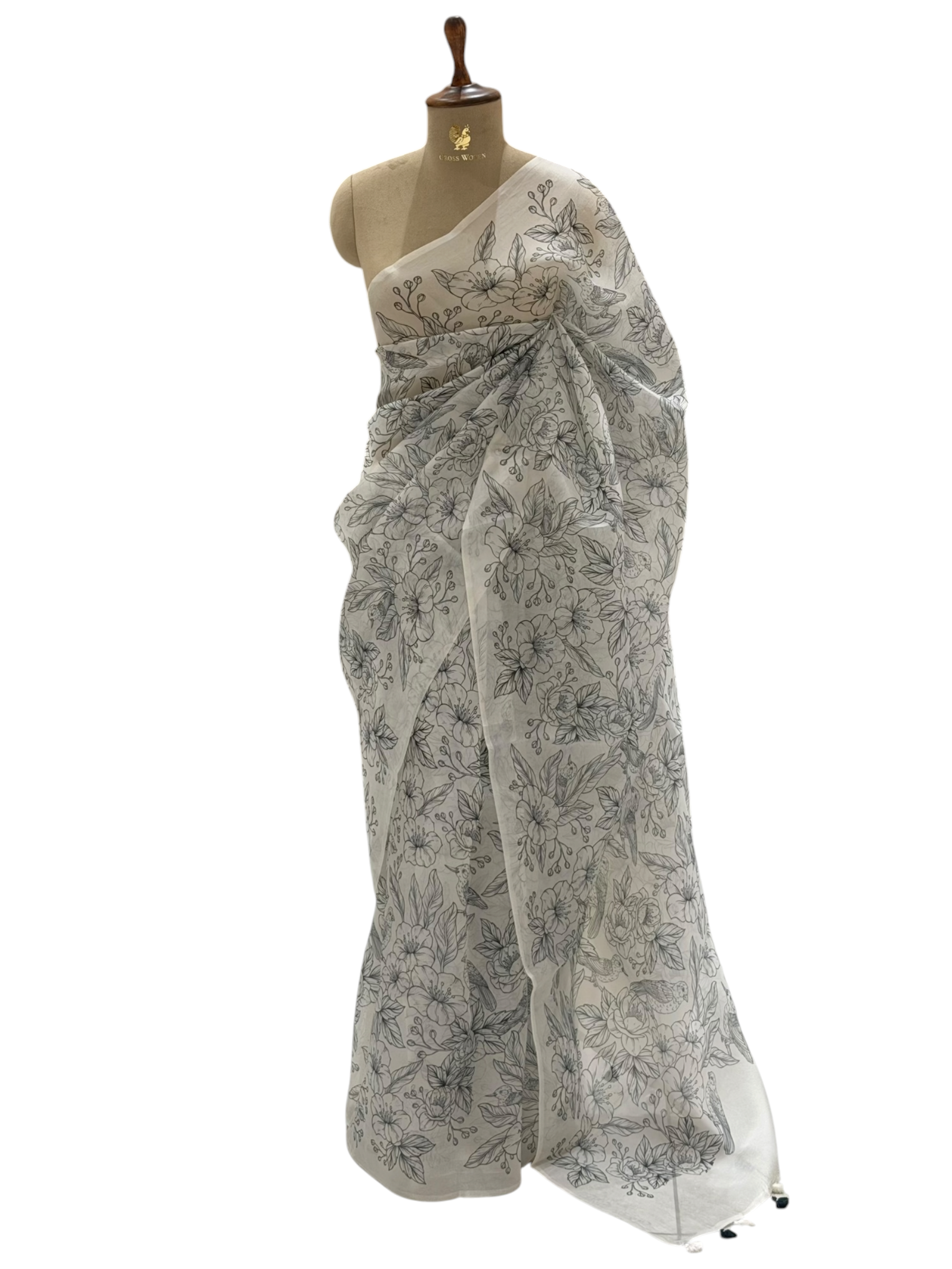 Ivory Organza Printed Saree With All-Over Floral Patterns