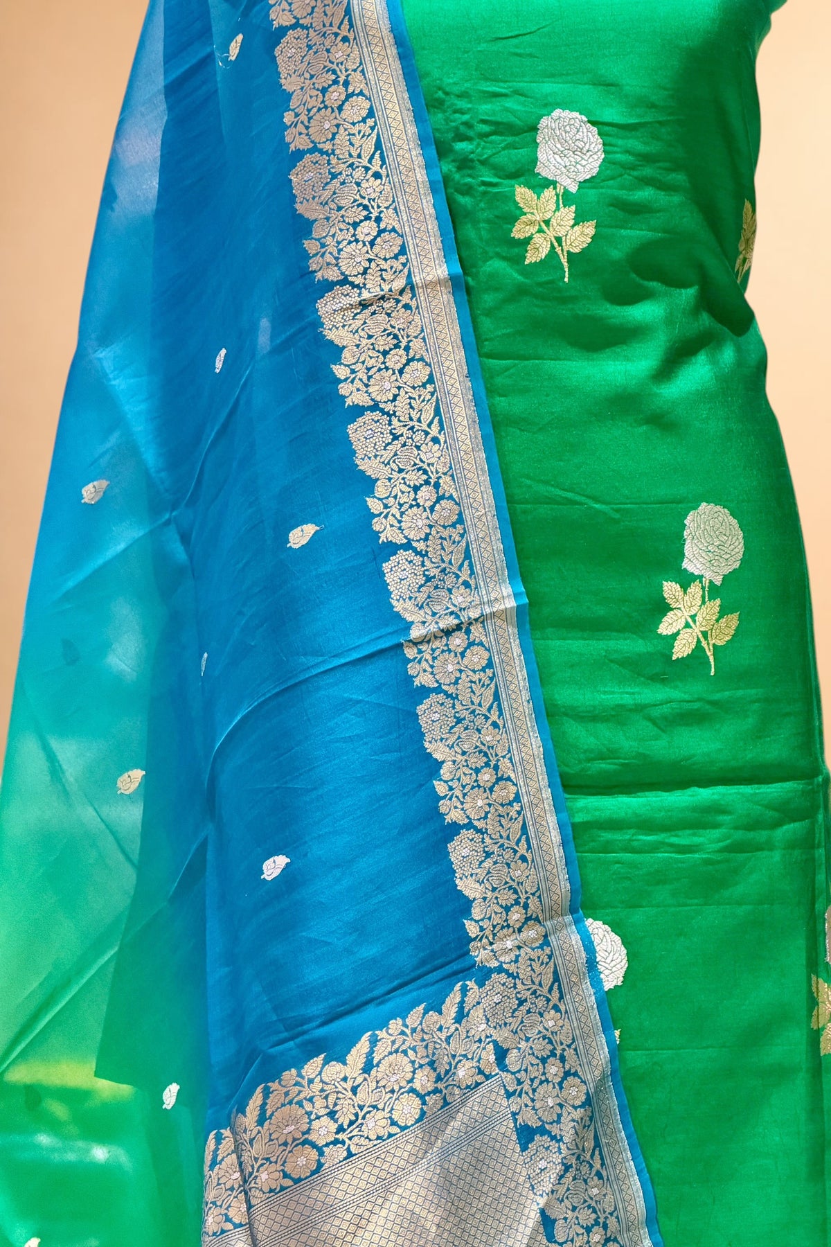 Emerald Green Pure Chiniya Silk Suit Set with ombré Dye Dupatta