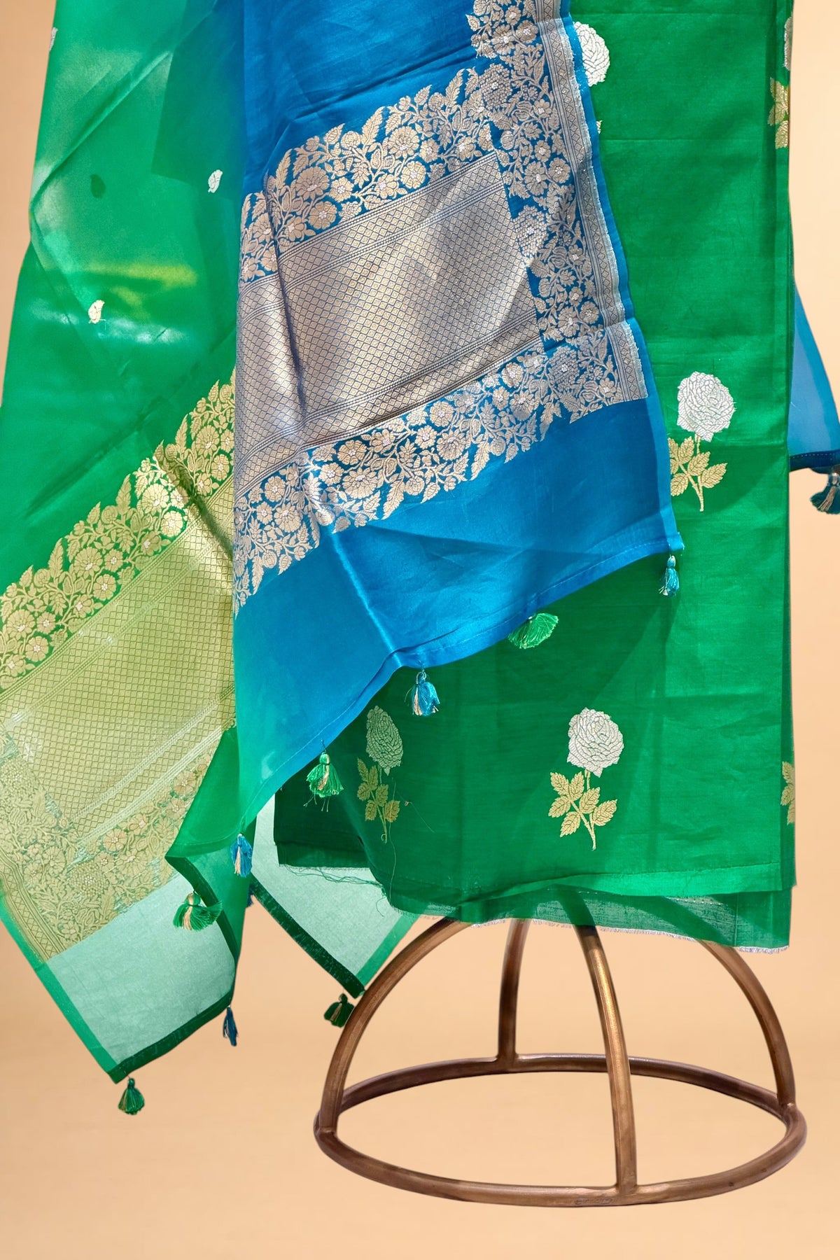 Emerald Green Pure Chiniya Silk Suit Set with ombré Dye Dupatta