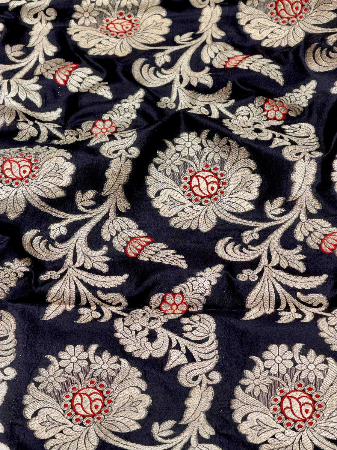Black Banarasi Allover Floral Jaal Pure Katan Silk Fabric