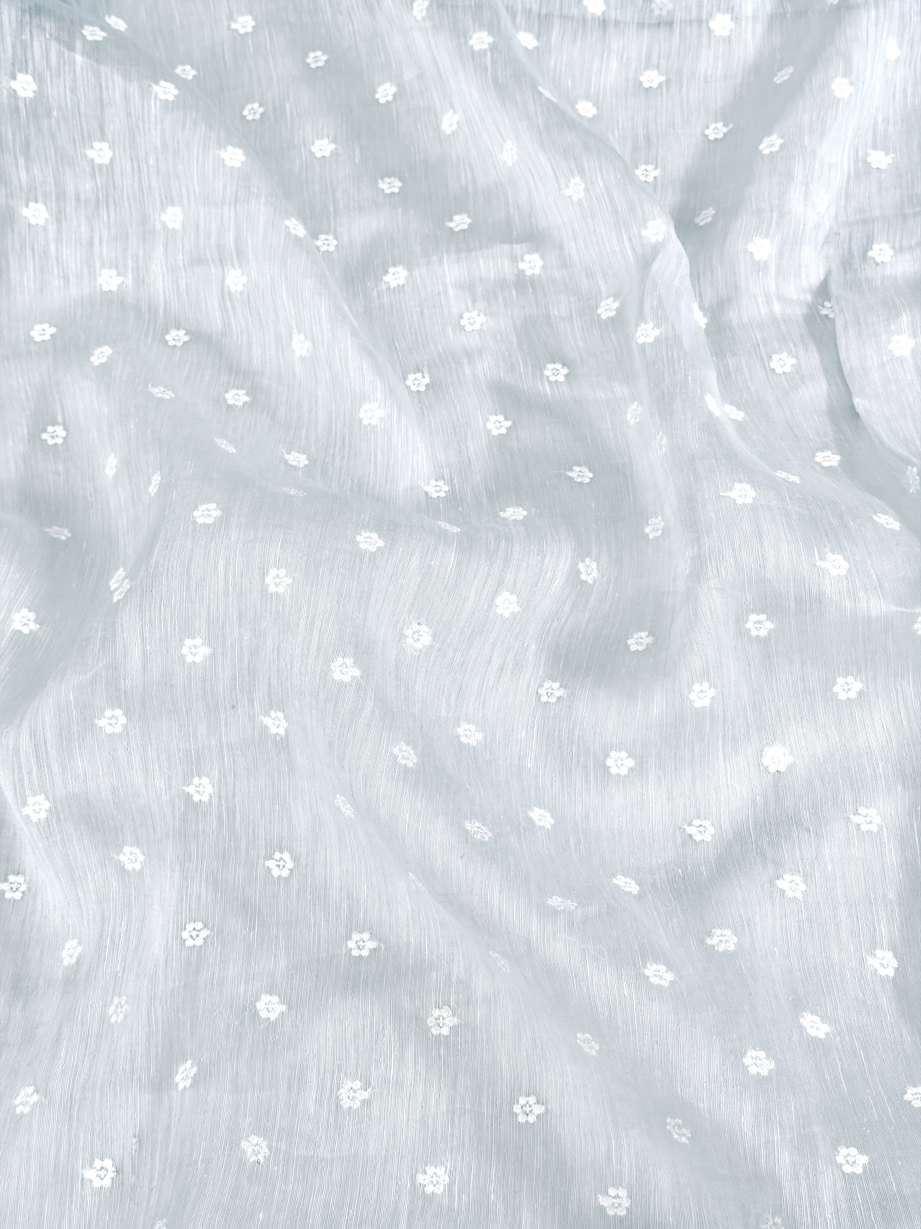 Baby Blue Silk Linen Fabric With Flower Embroidery