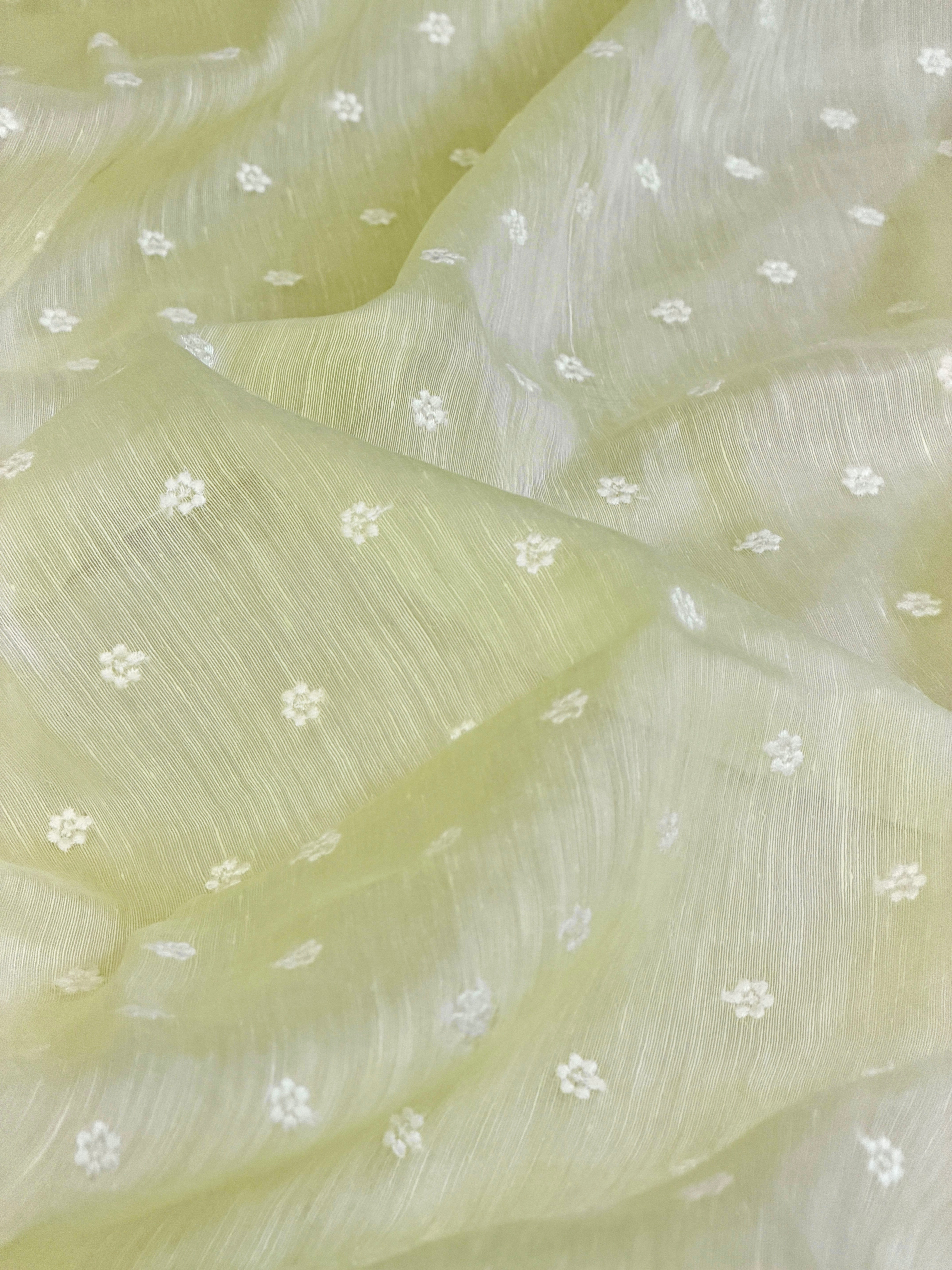 Pastel Green Silk Linen Fabric With Flower Embroidery