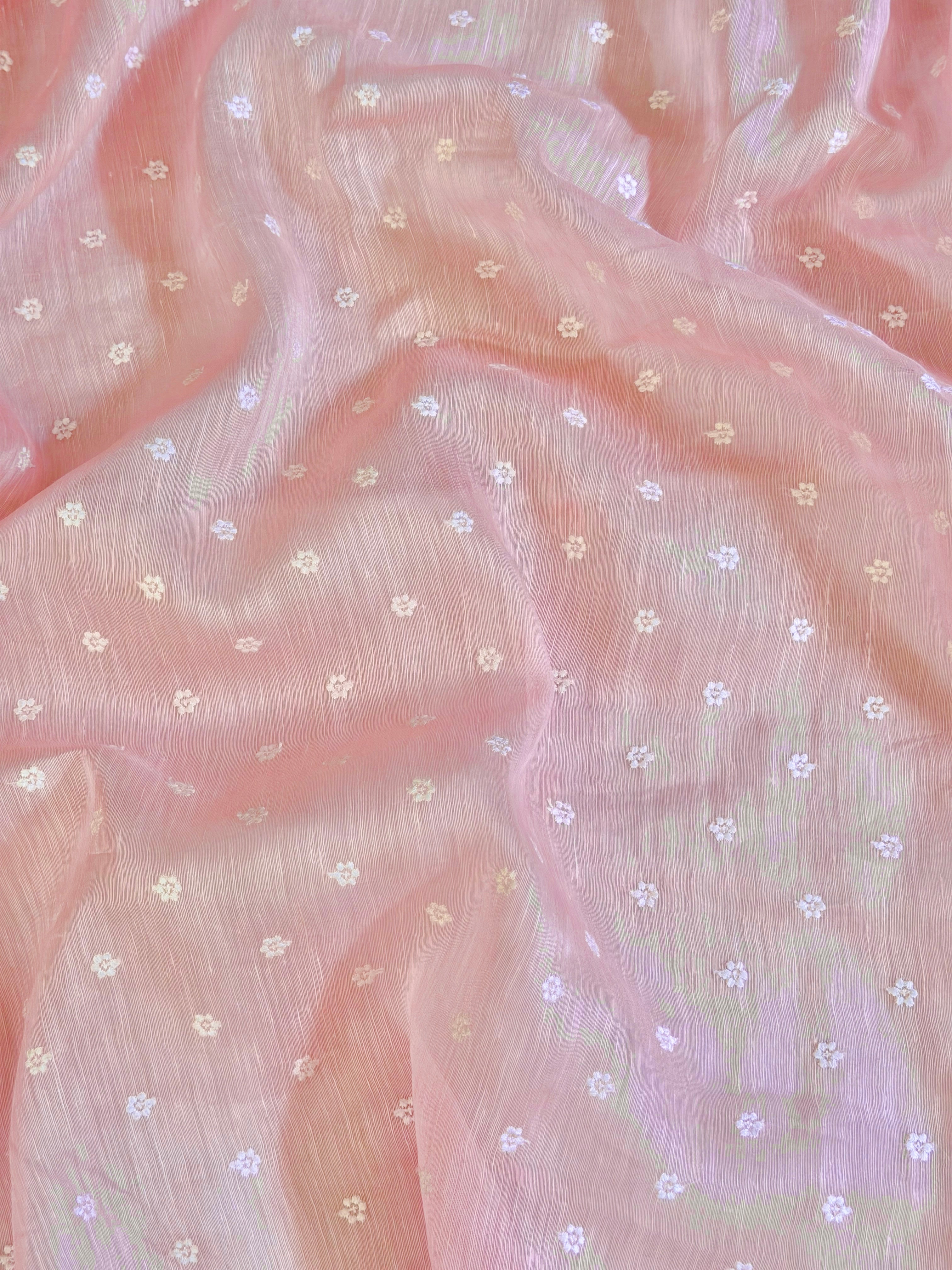 Pastel Pink Silk Linen Fabric With Flower Embroidery