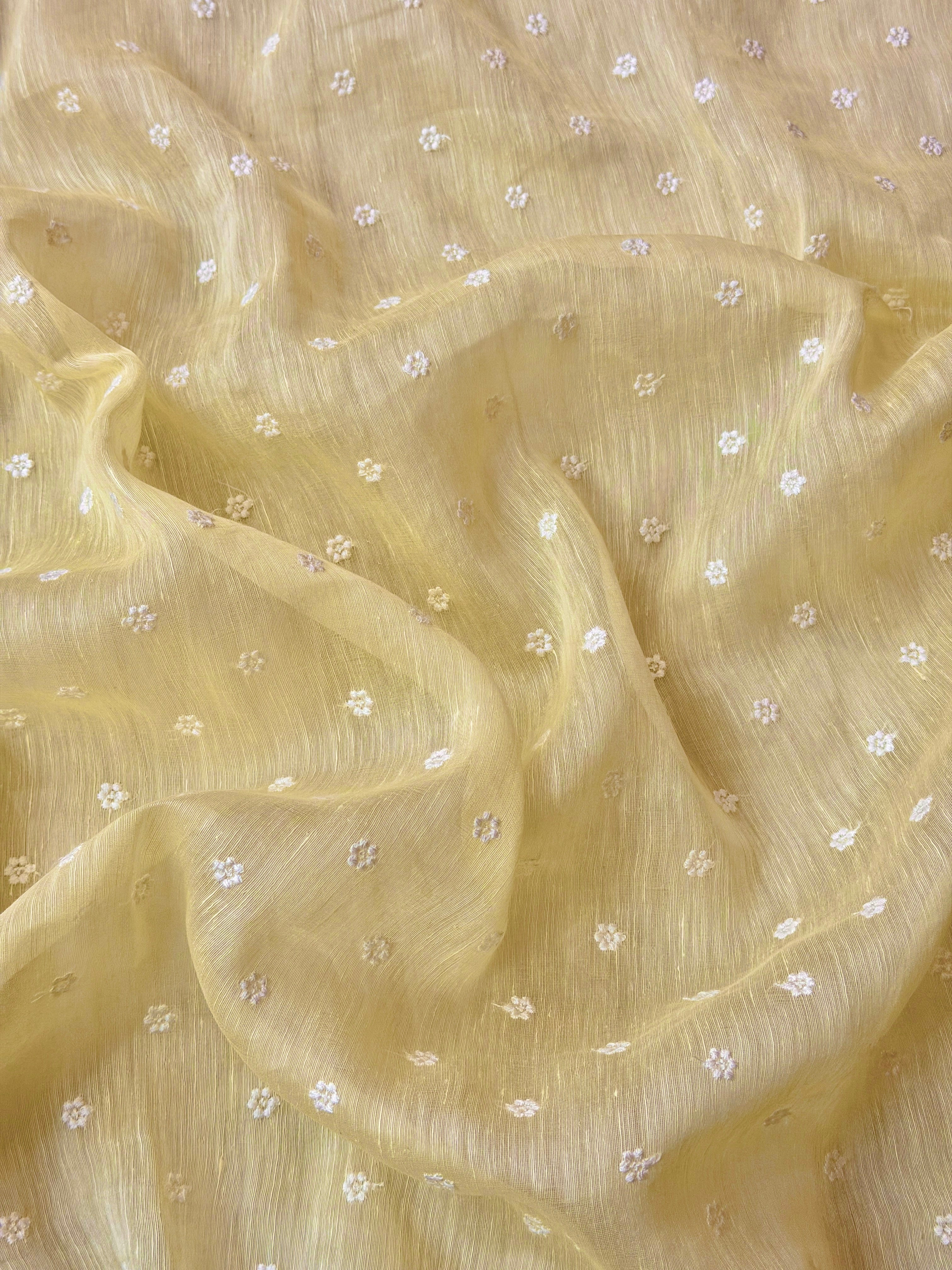 Pastel  Yellow Silk Linen Fabric With Flower Embroidery