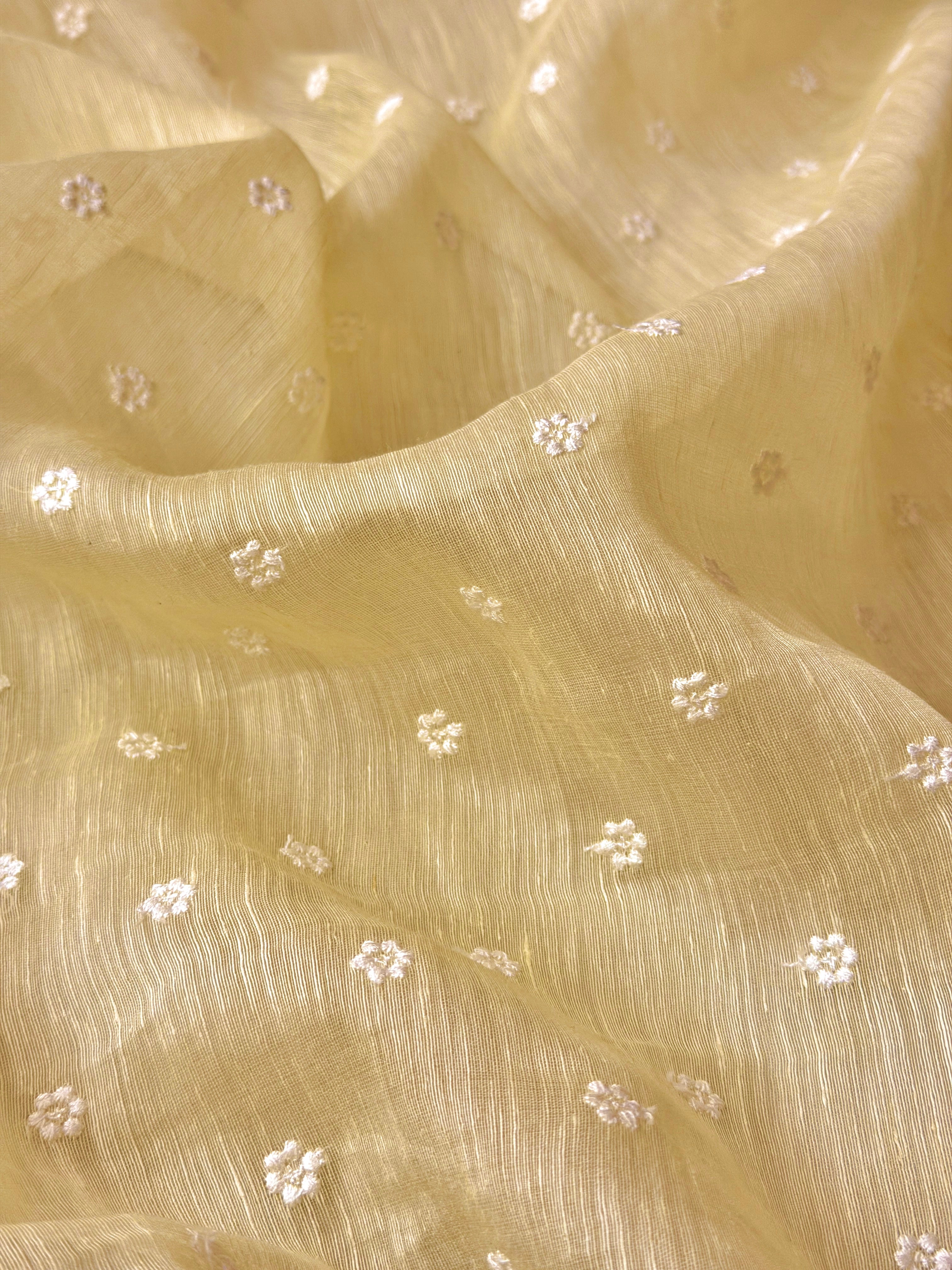 Pastel  Yellow Silk Linen Fabric With Flower Embroidery