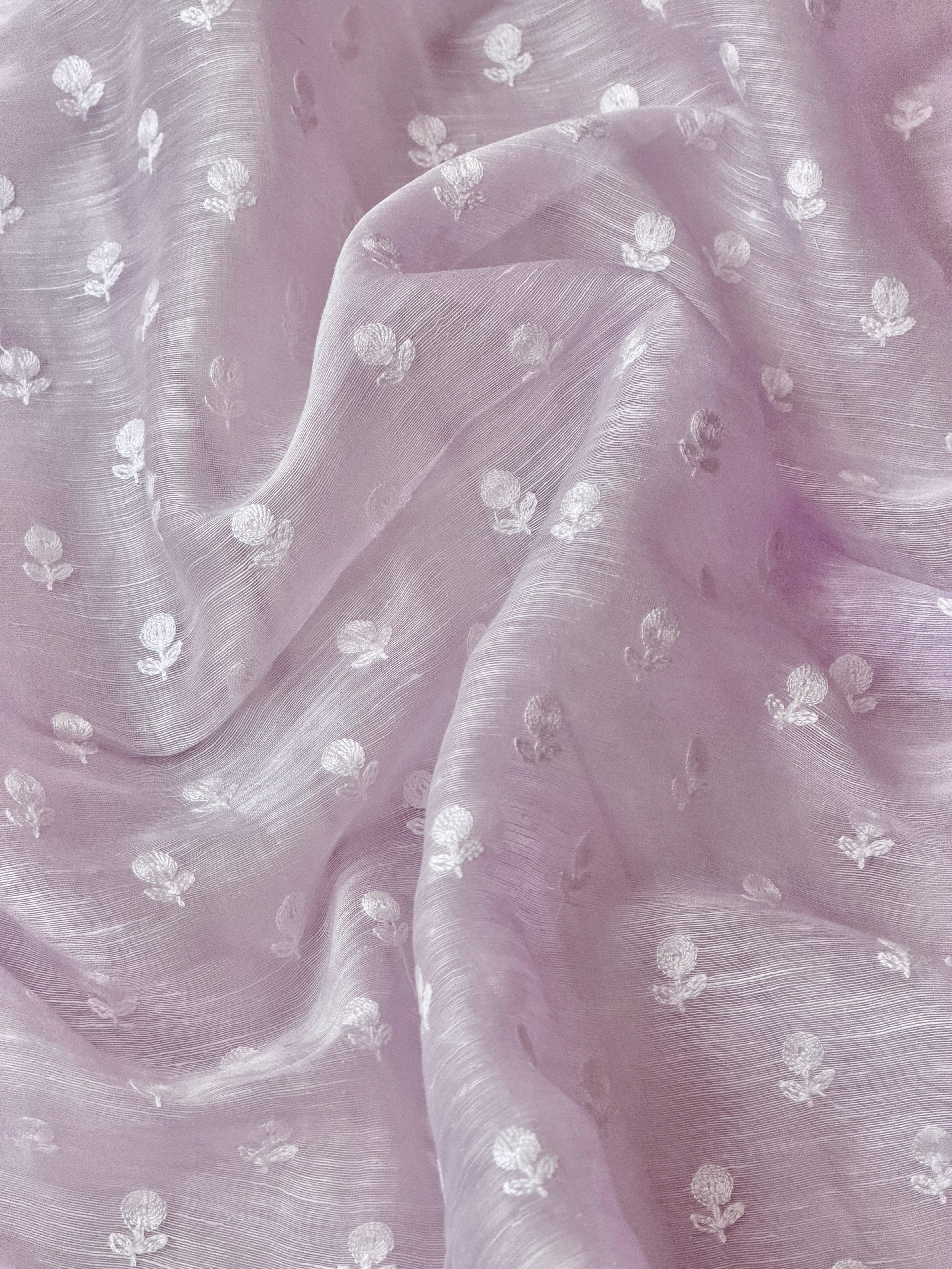 Lavender Silk Linen Fabric With Flower Embroidery