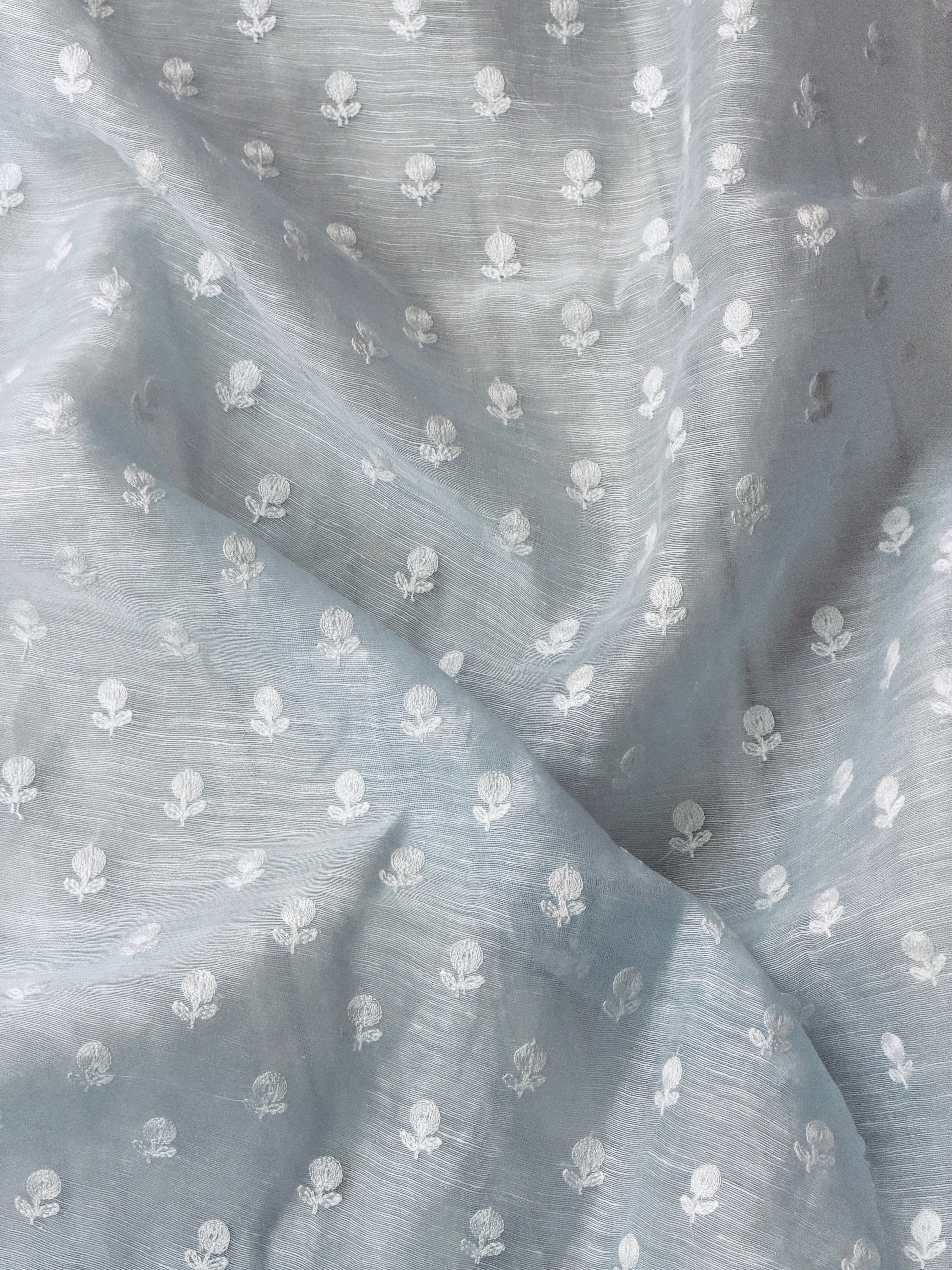 Baby Blue Silk Linen Fabric With Flower Embroidery