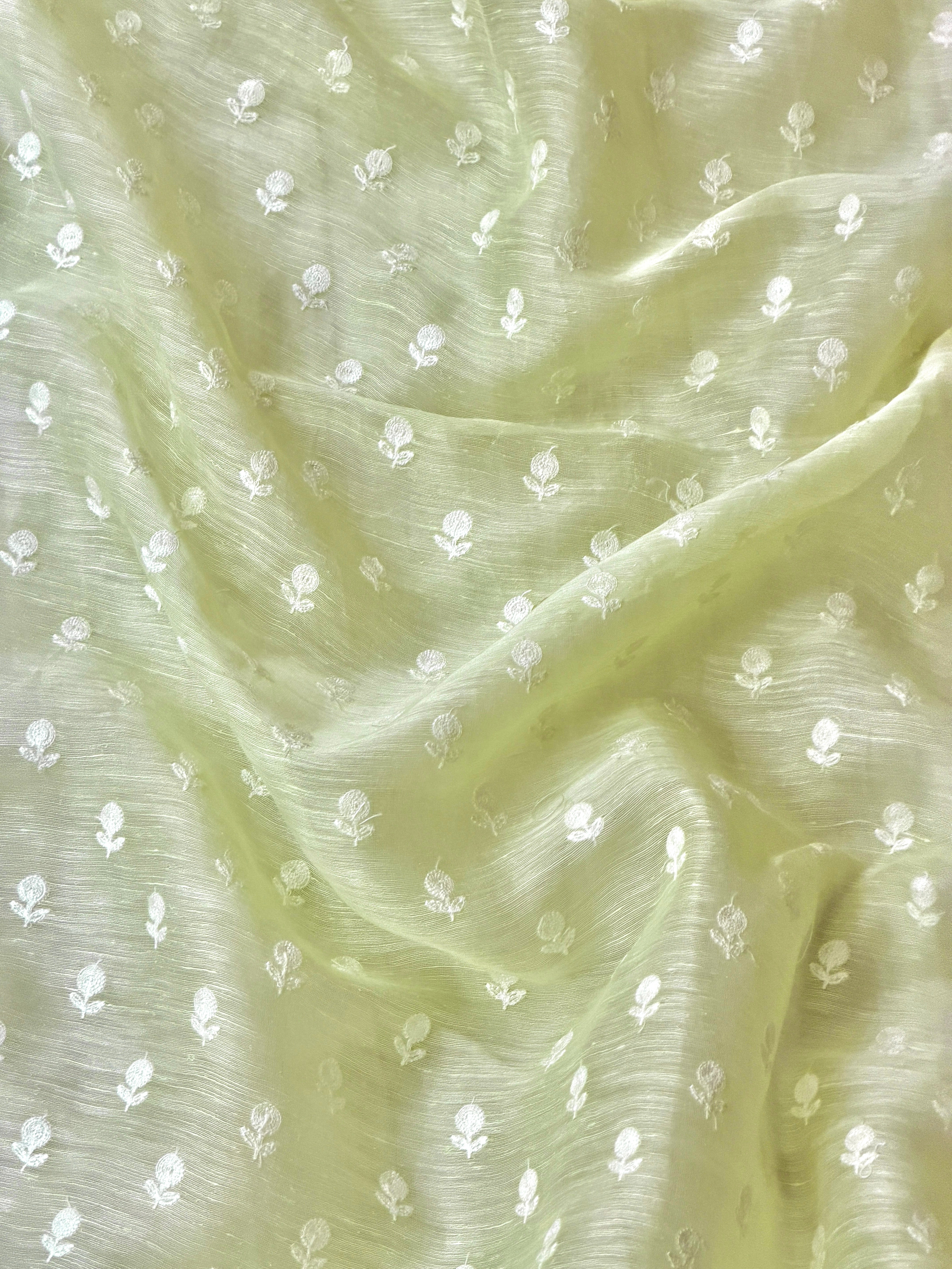 Pastel Green Silk Linen Fabric With Flower Embroidery