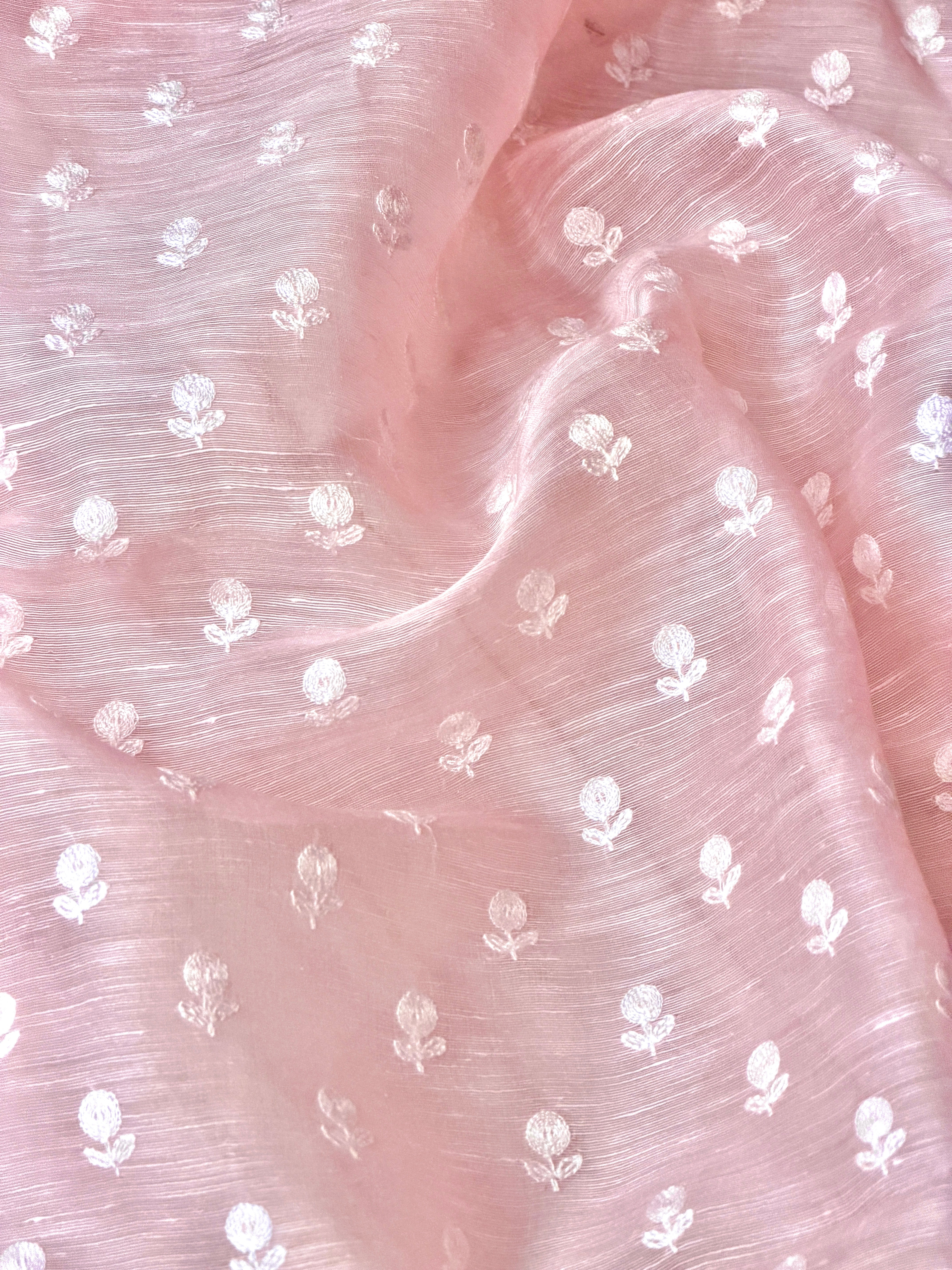 Pastel Pink Silk Linen Fabric With Flower Embroidery