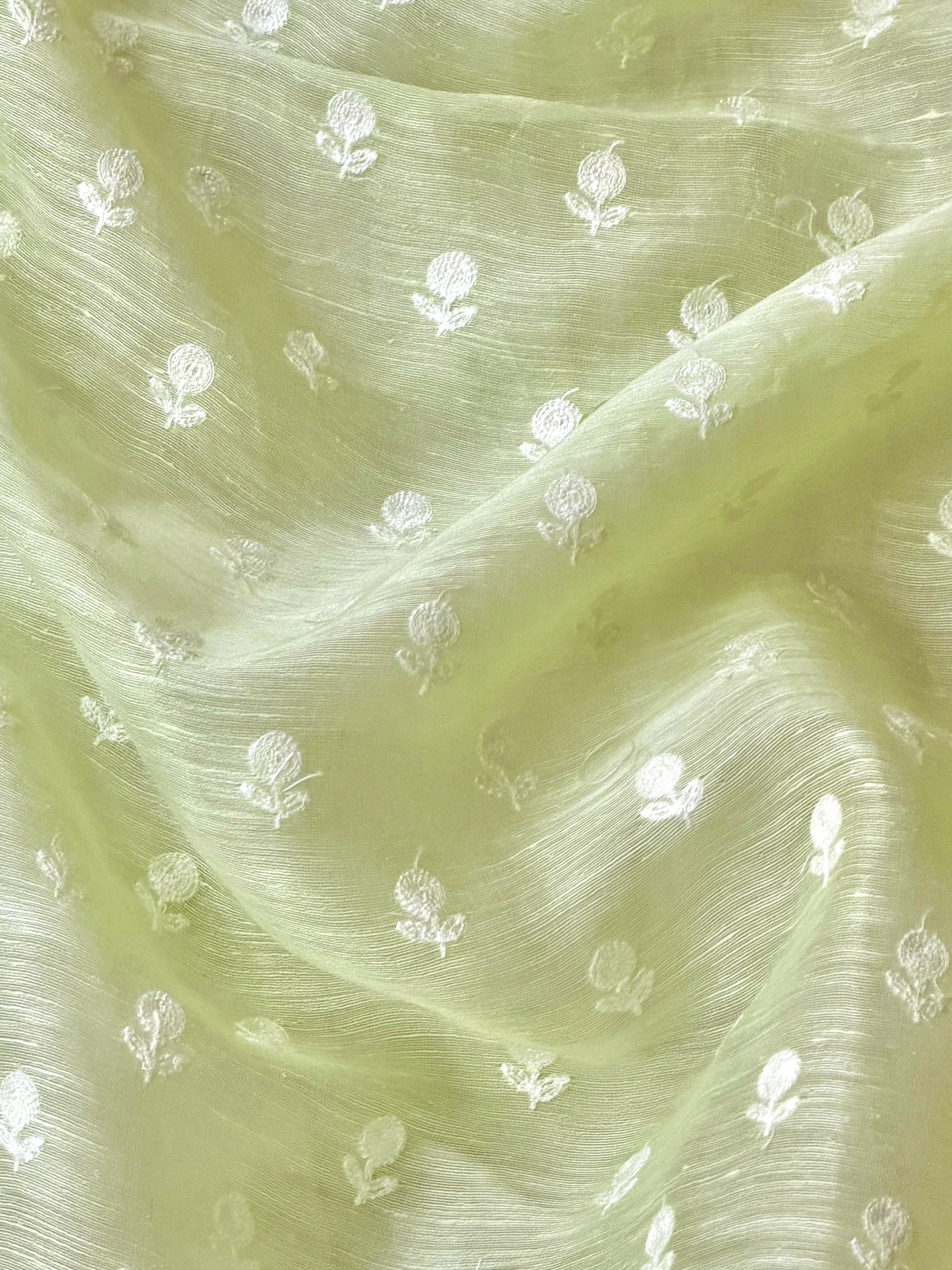 Pastel Green Silk Linen Fabric With Flower Embroidery