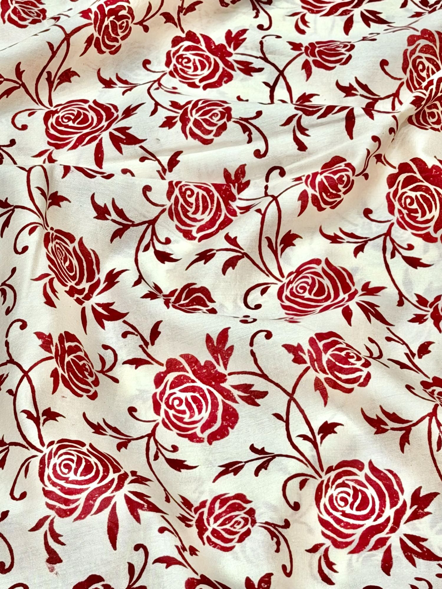 Pure Chanderi Silk Fabric With Red Hand Block Prints