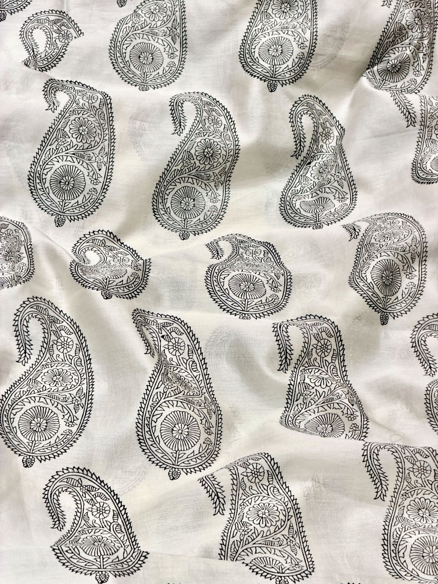Pure Chanderi Silk Fabric With Black Hand Block Prints