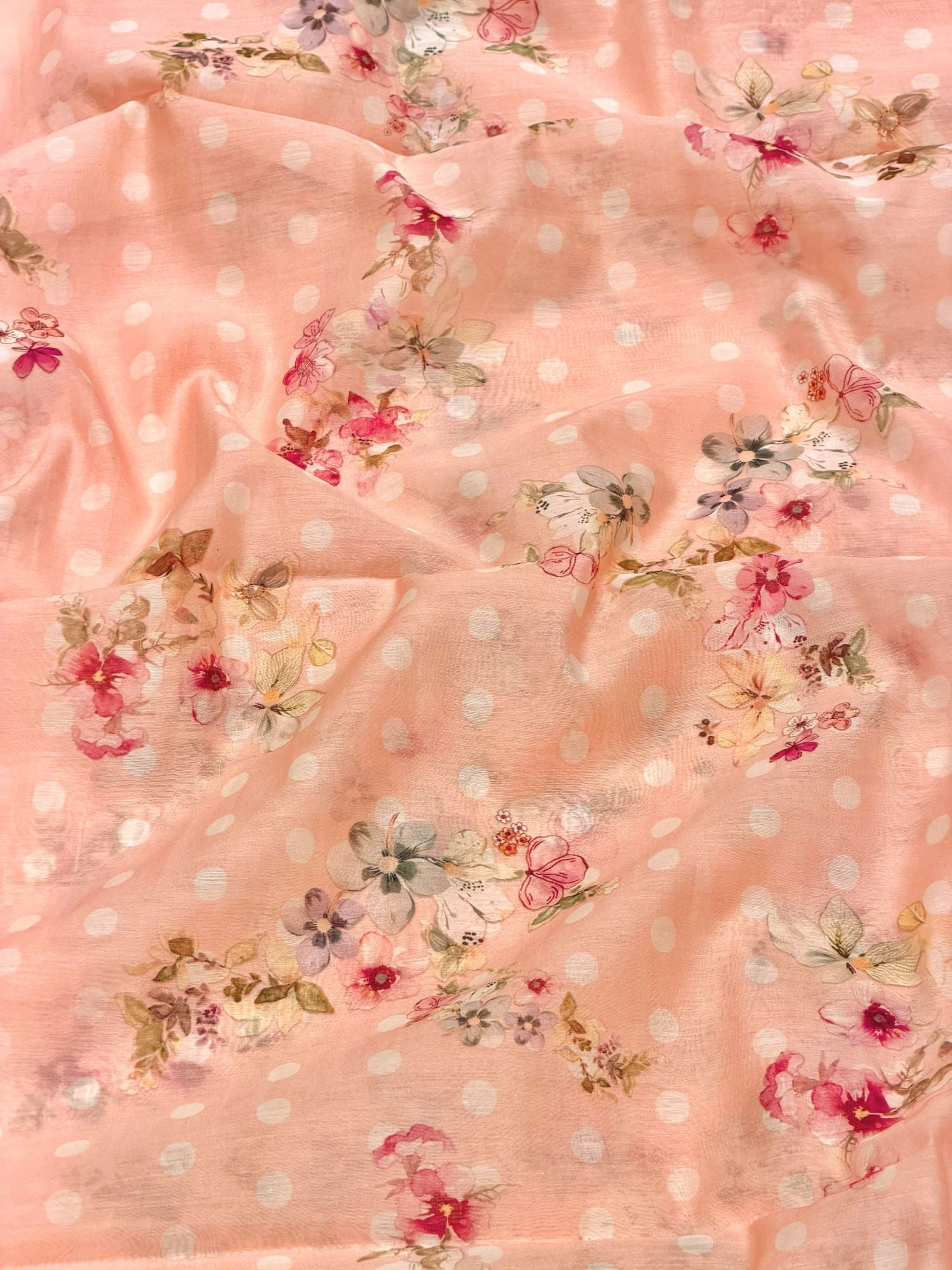 Peach Floral Polka Mul Prints Fabric