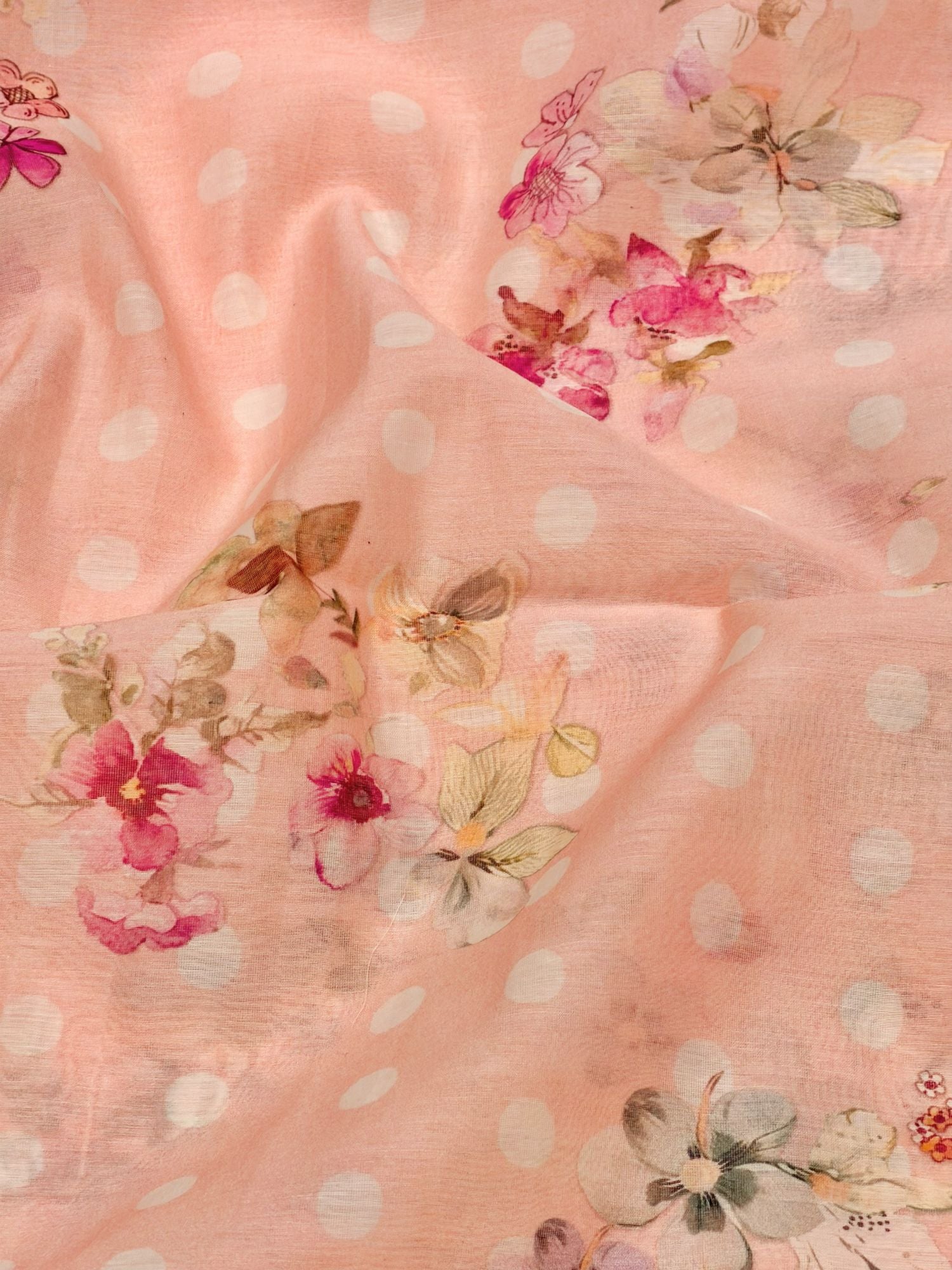 Peach Floral Polka Mul Prints Fabric