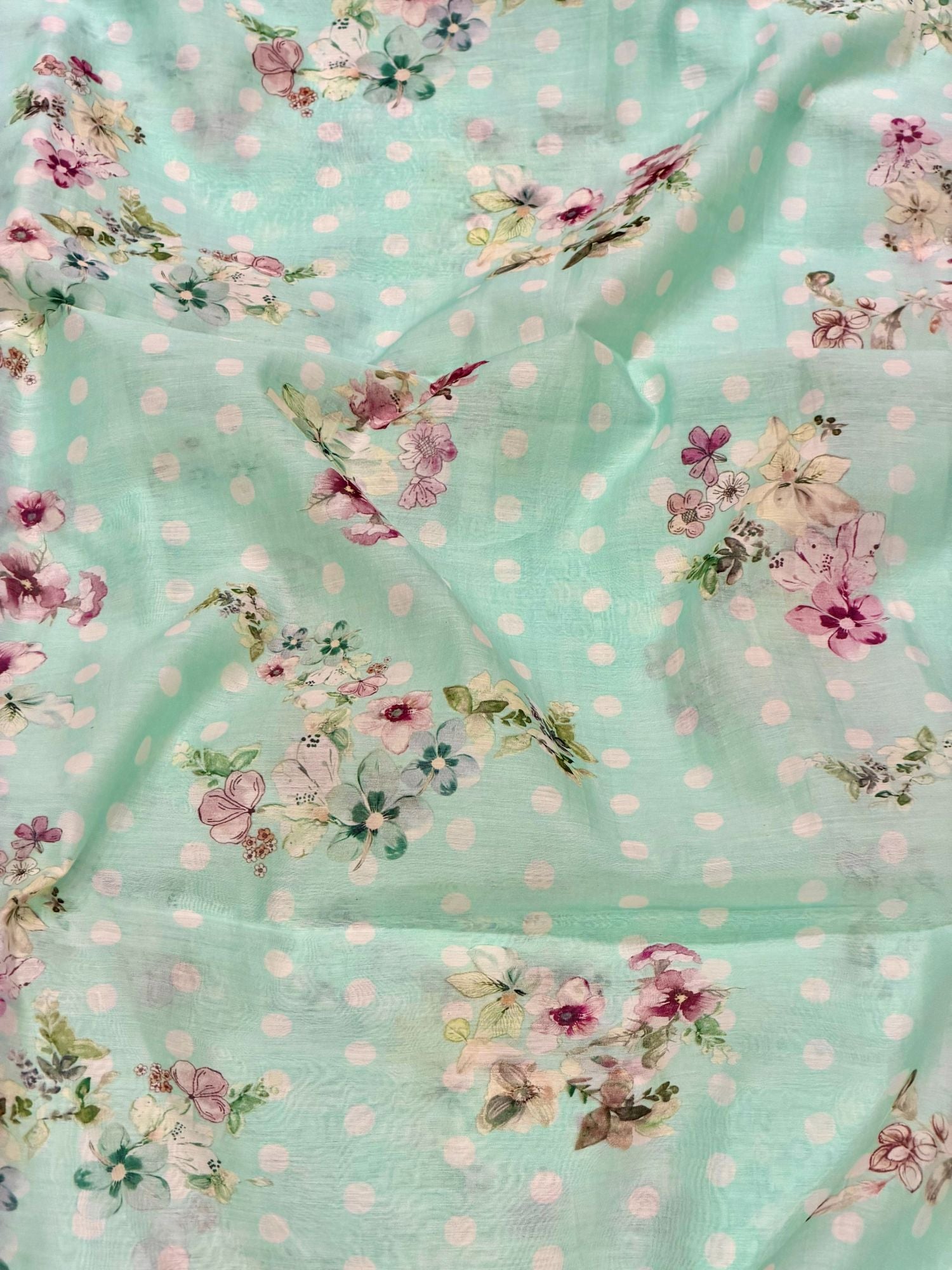 Mint Floral Polka Mul Prints Fabric