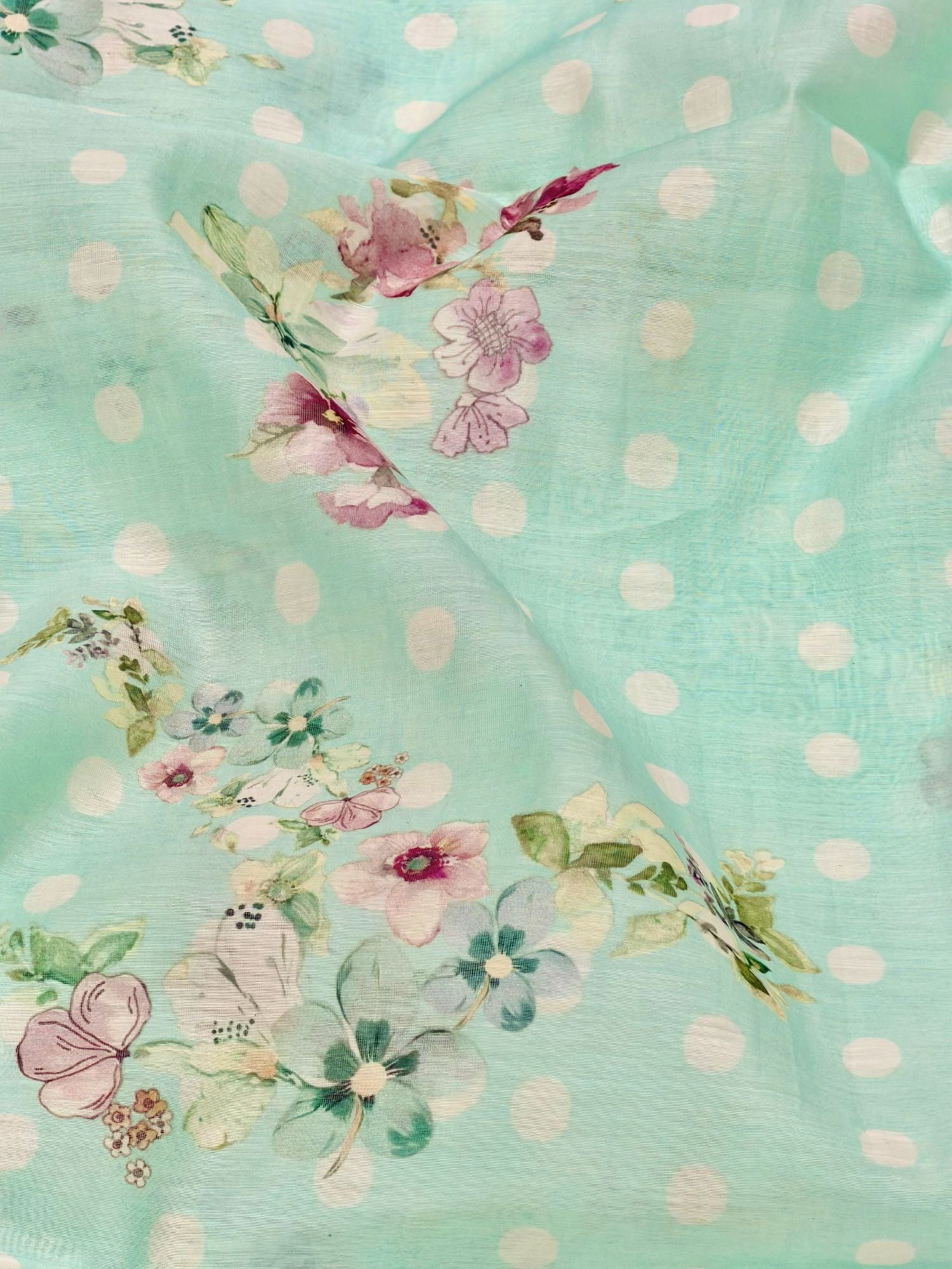 Mint Floral Polka Mul Prints Fabric