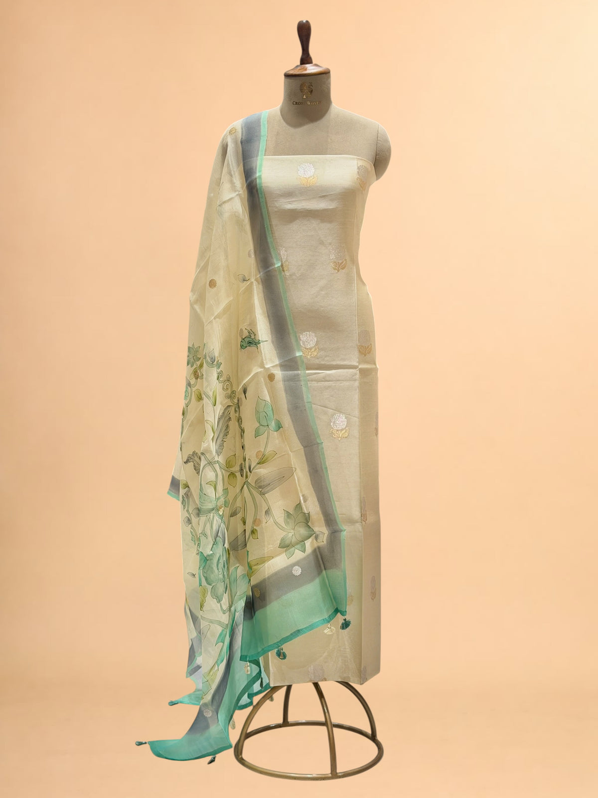 Cream Pure Chiniya Silk Suit Set With Handbrush Duppatta