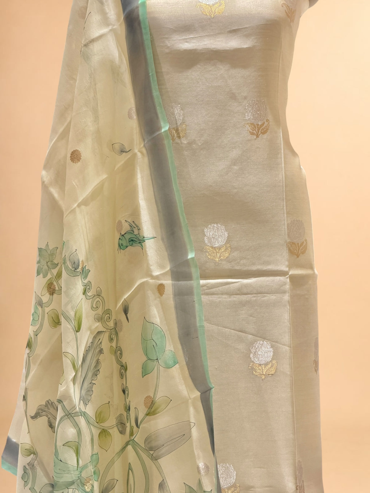 Cream Pure Chiniya Silk Suit Set With Handbrush Duppatta