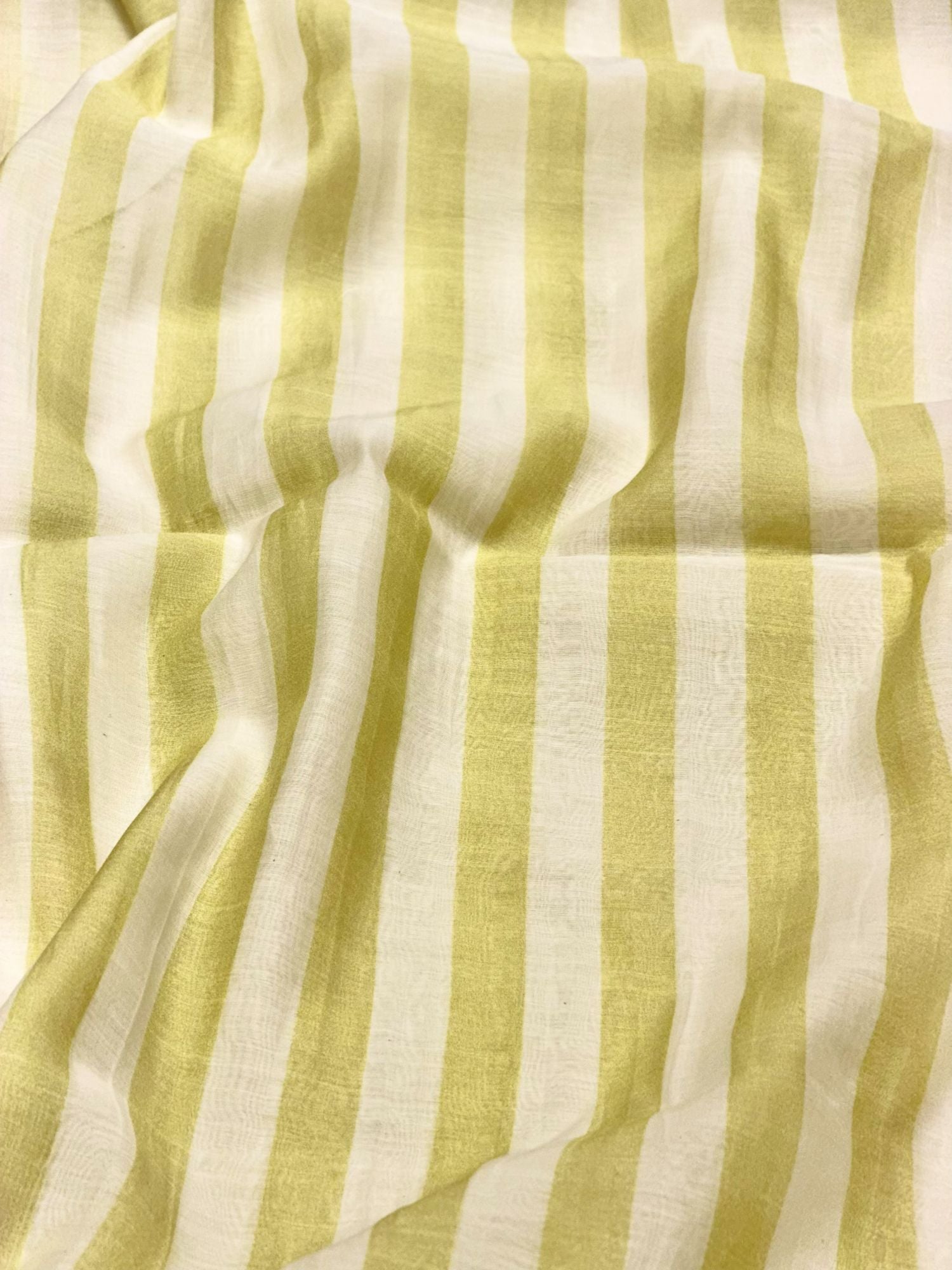 Lime Green & Ivory Striped Mul Prints Fabric