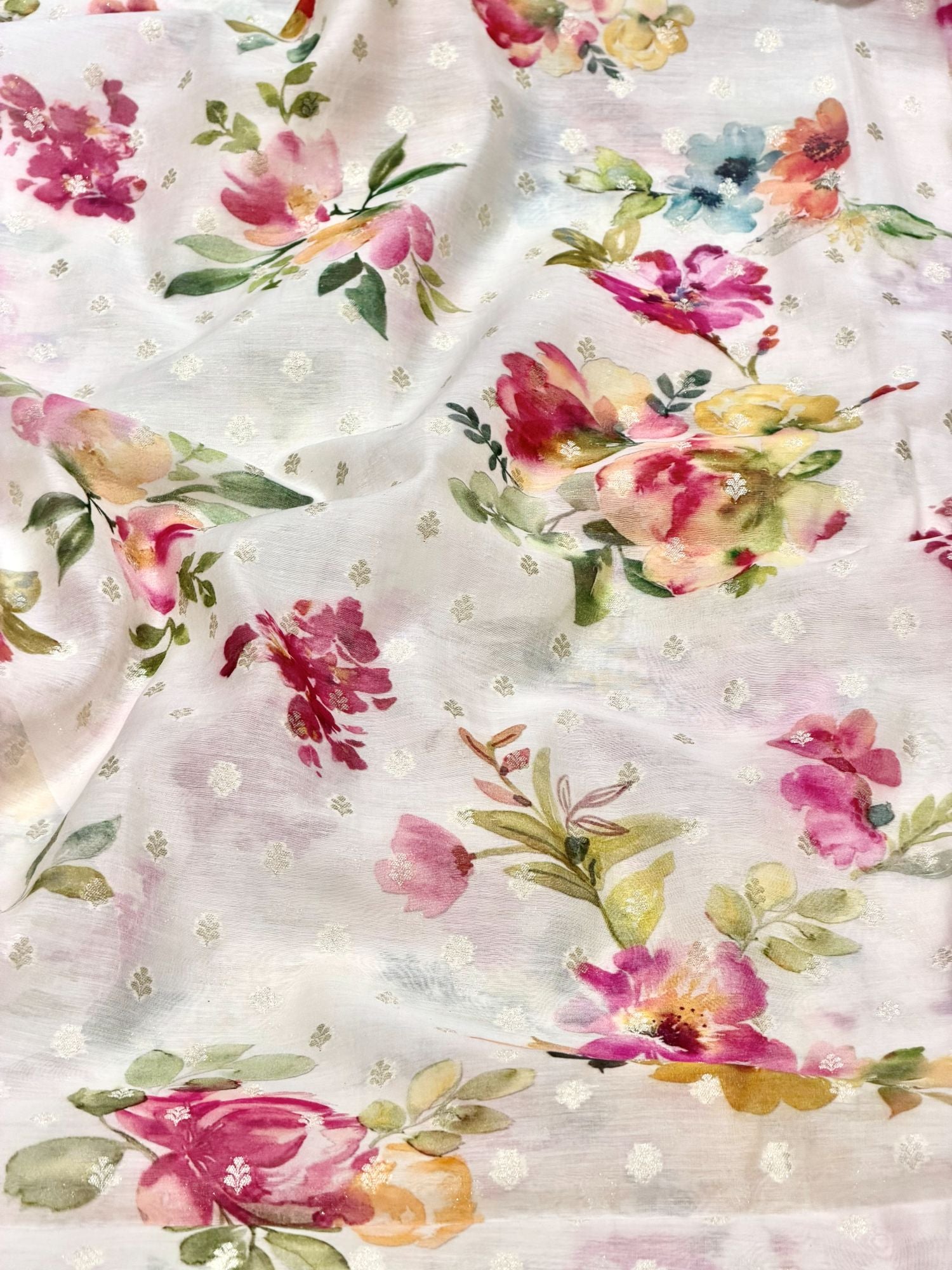 Ivory Multicolour Floral Mul Weaving Fabric