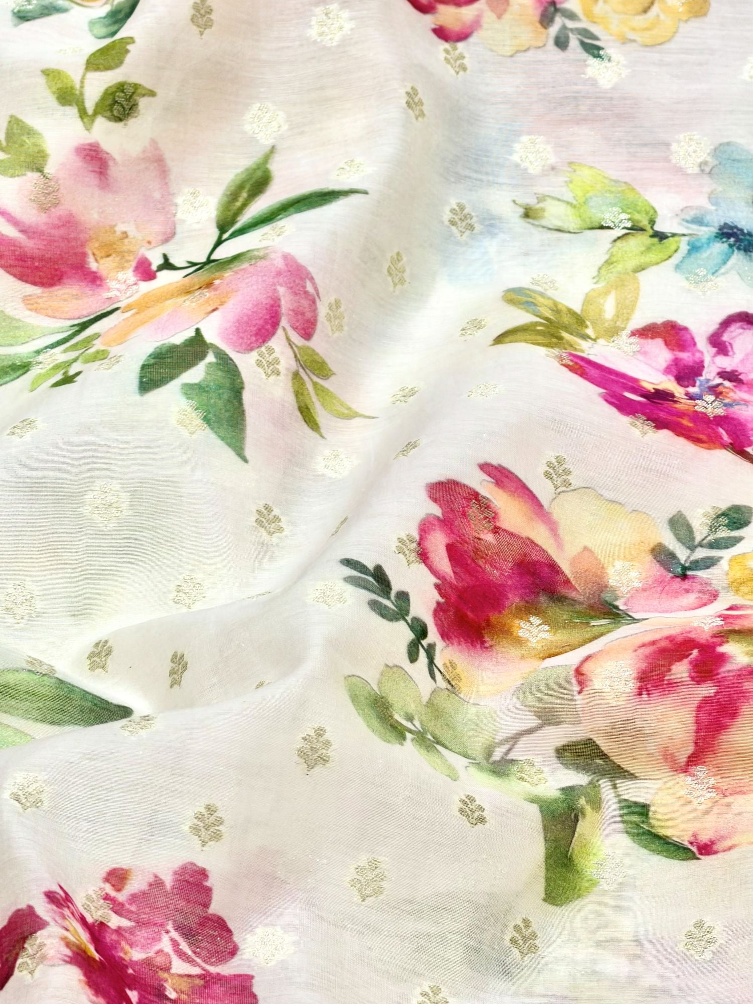 Ivory Multicolour Floral Mul Weaving Fabric