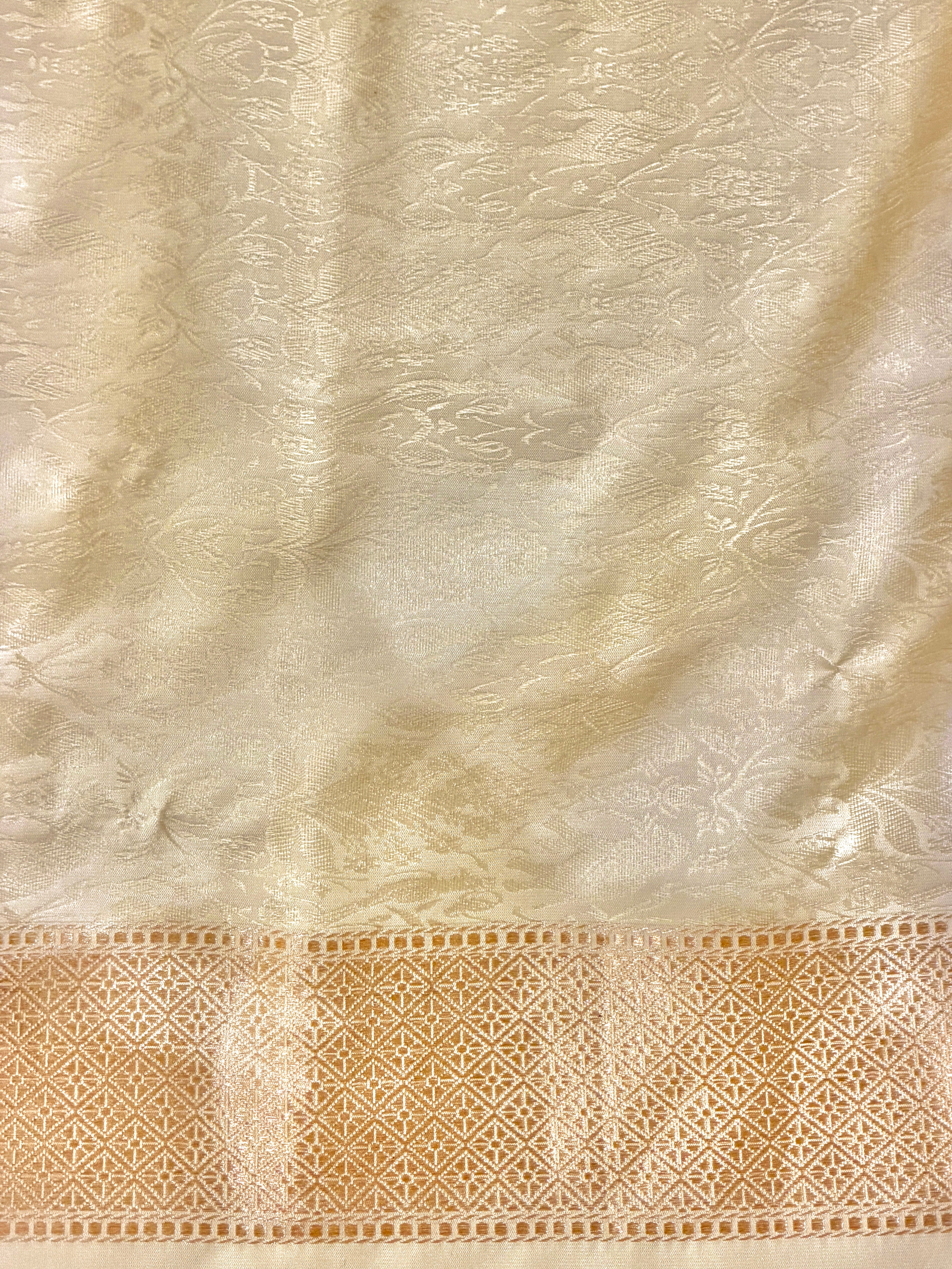 Ivory Katan Silk Saree with Gaj, Nandi & Pakshi Jaal Pattern | Onam Collection