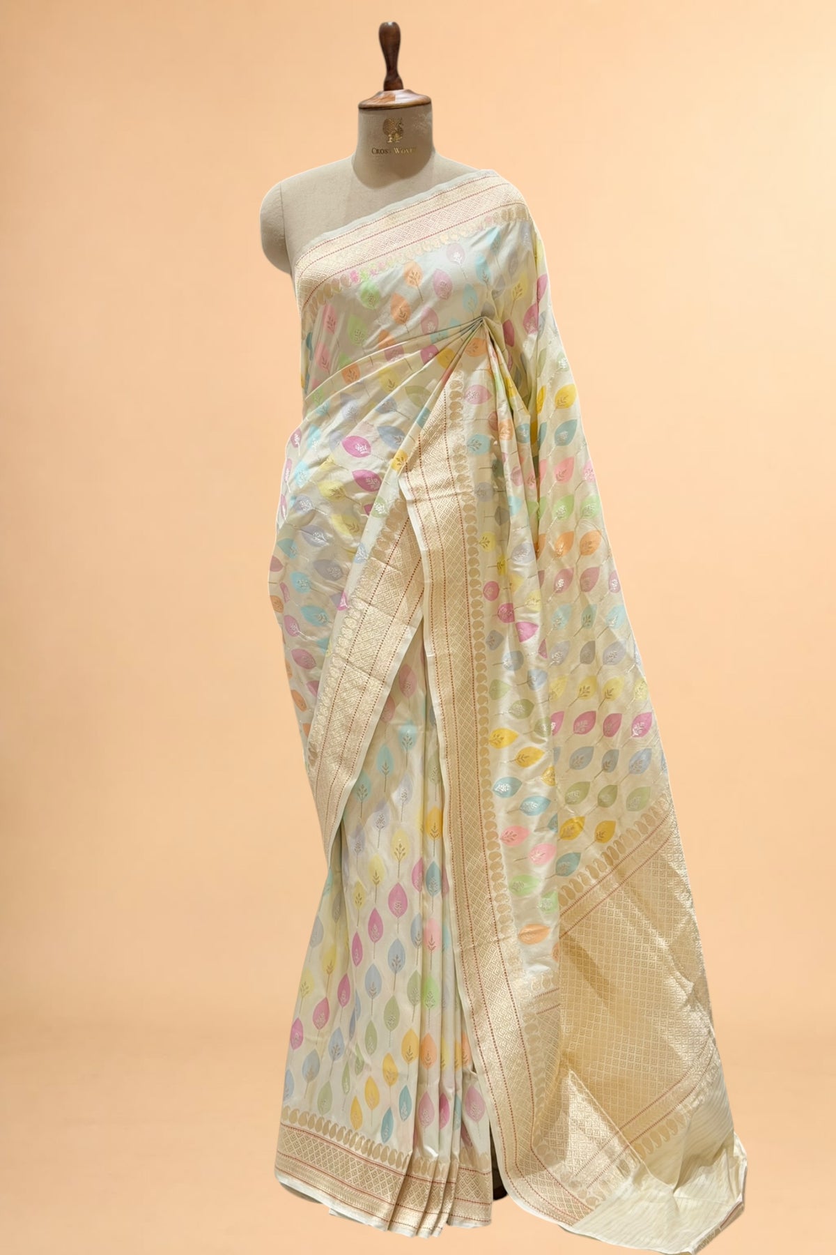 Ivory Pure Katan Silk Saree With Meenakari Leaf Motifs