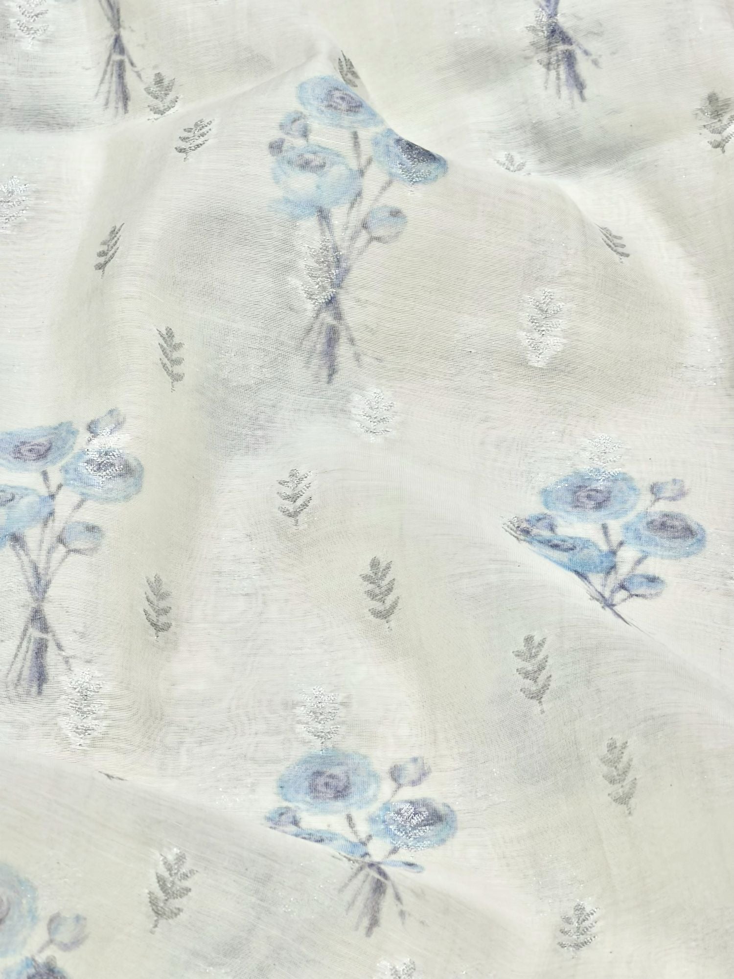 Ivory Blue Floral Mul Weaving Fabric