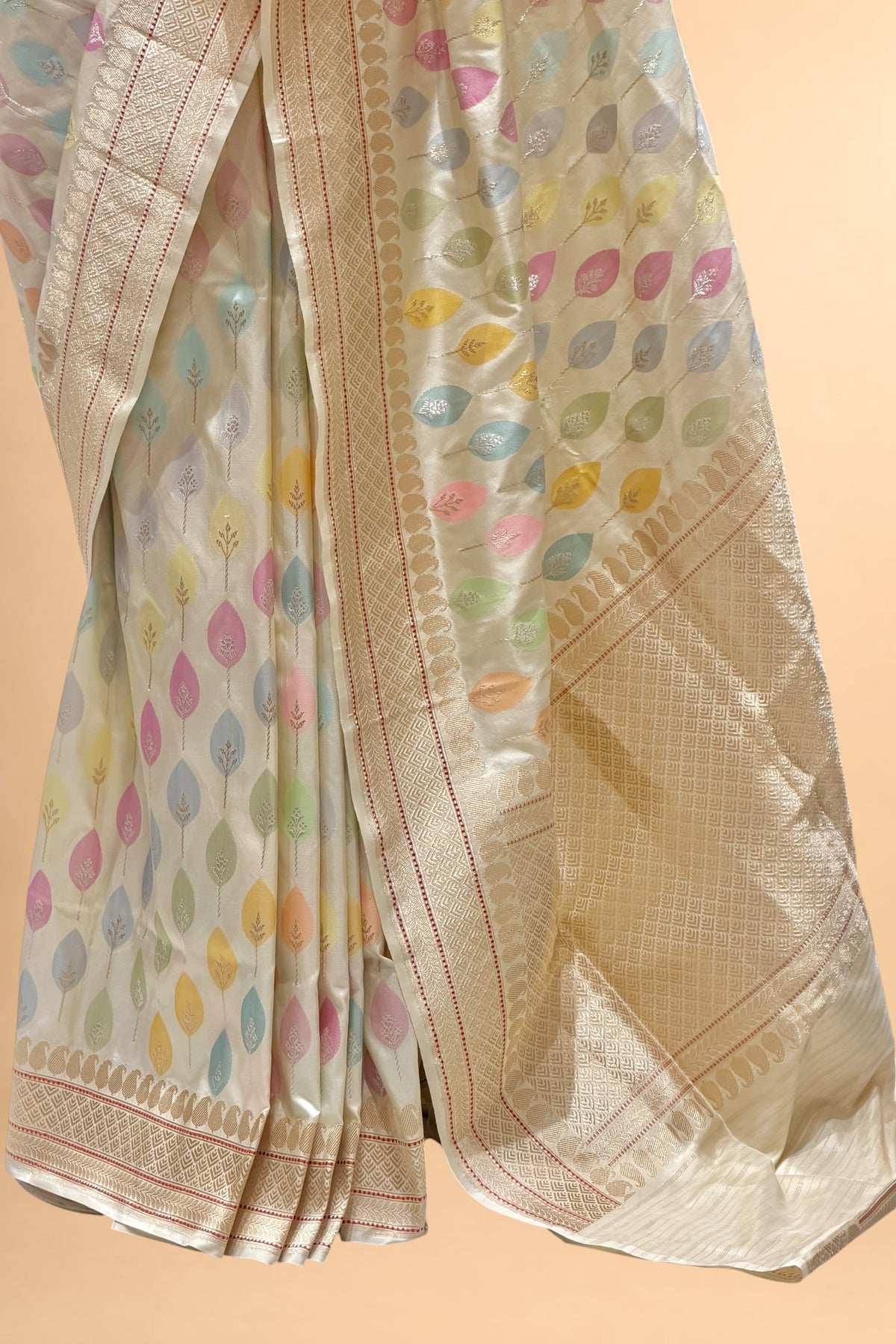 Ivory Pure Katan Silk Saree With Meenakari Leaf Motifs
