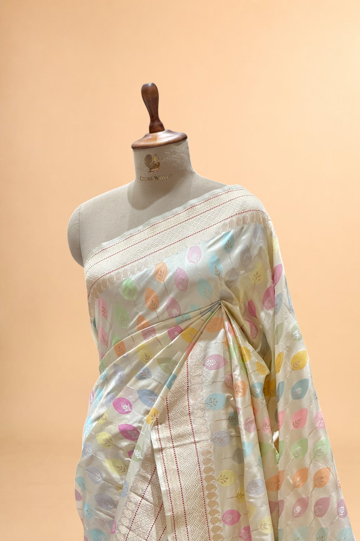 Ivory Pure Katan Silk Saree With Meenakari Leaf Motifs