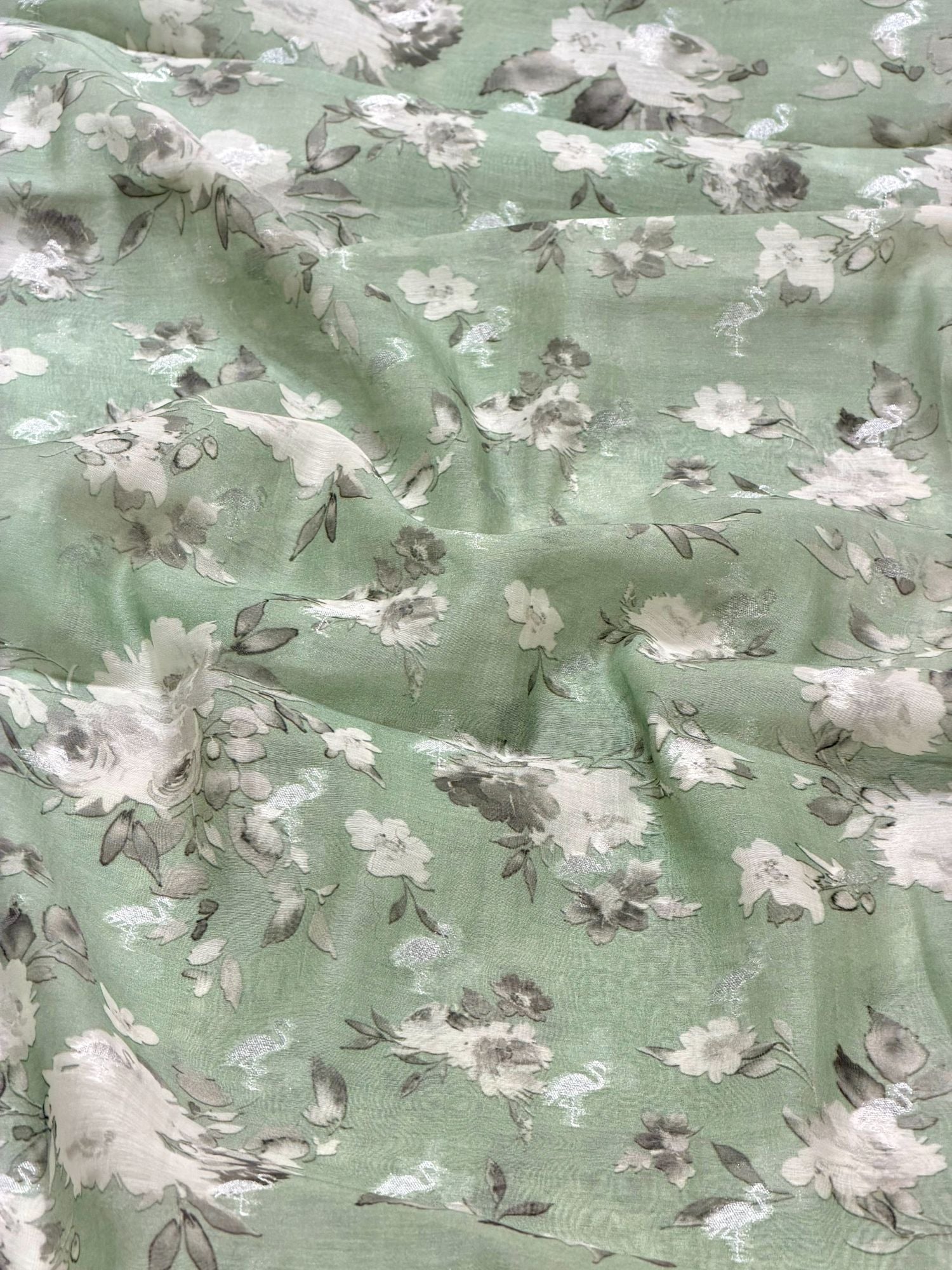 Mint Green Floral Mul Weaving Fabric