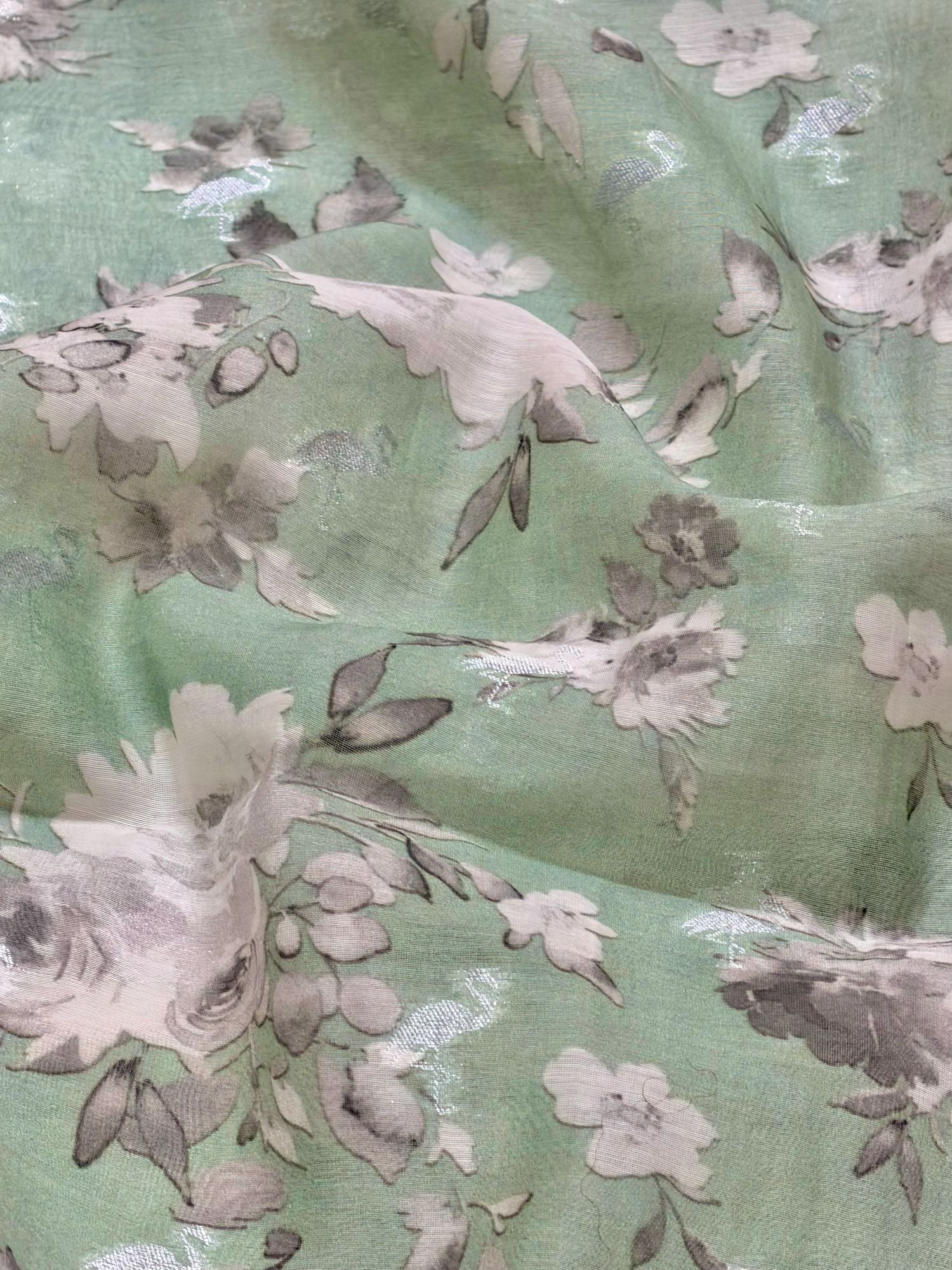 Mint Green Floral Mul Weaving Fabric