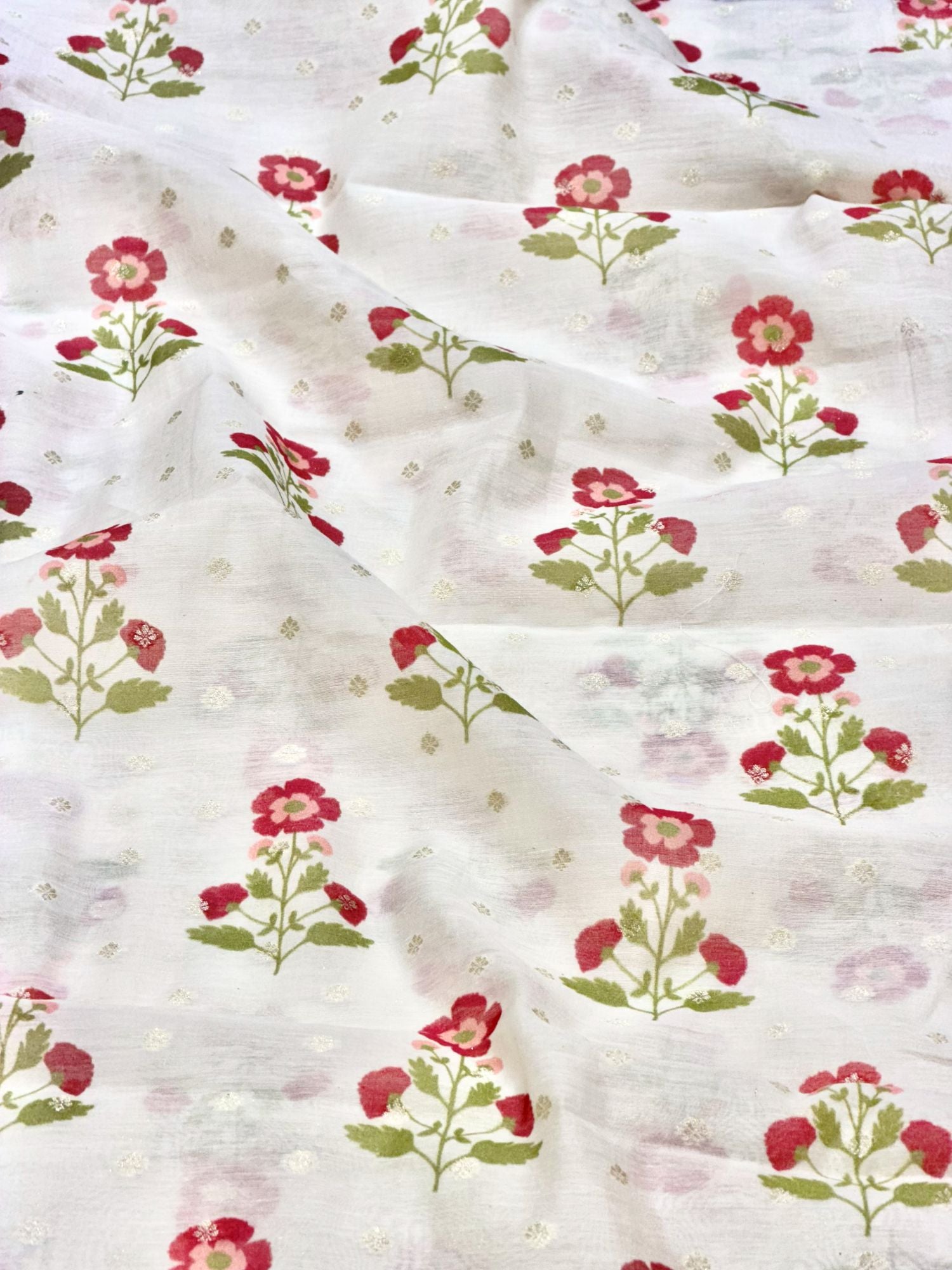Ivory & Red Floral Mul Weaving Fabric