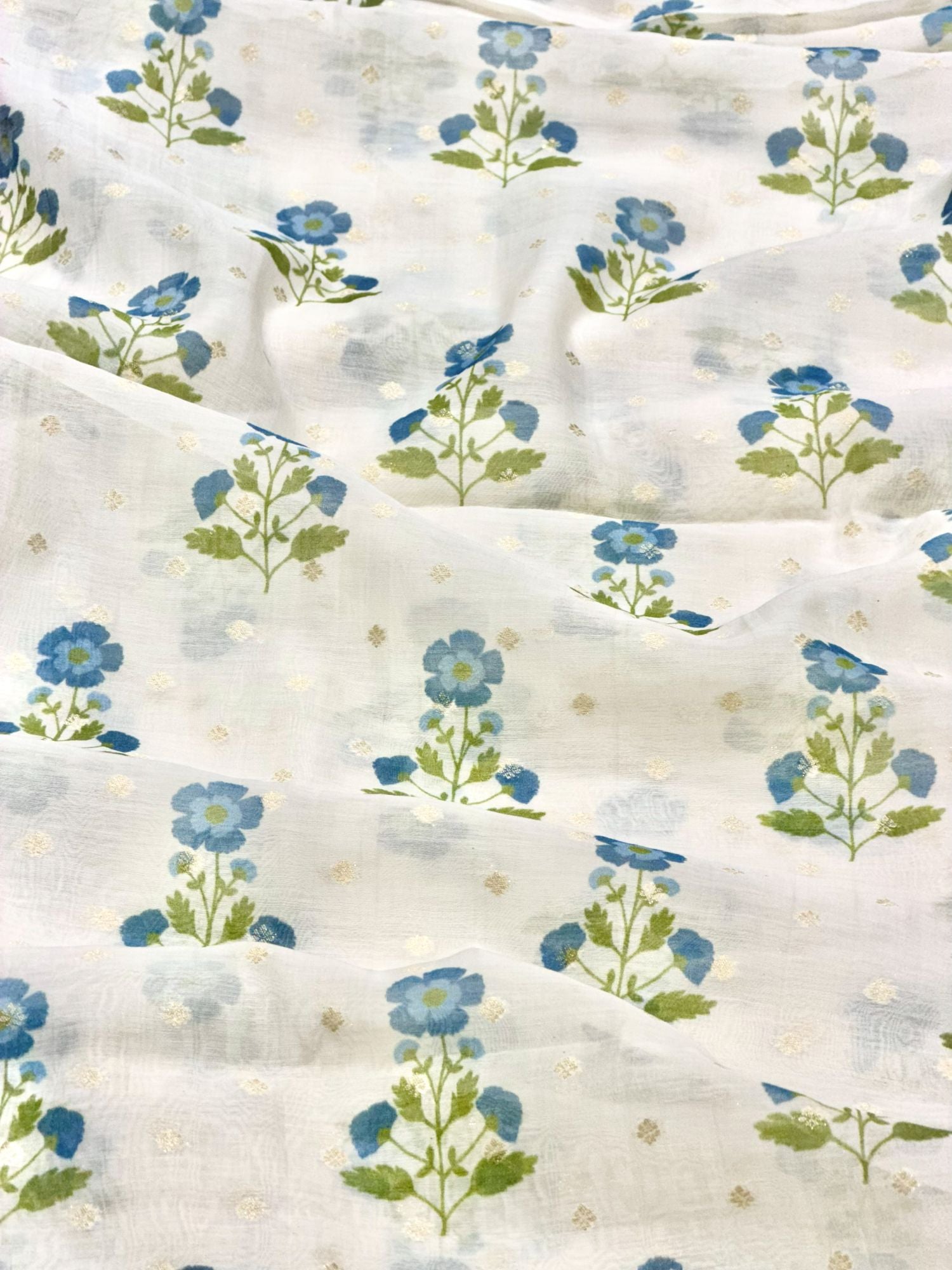 Ivory & Blue Floral Mul Weaving Fabric