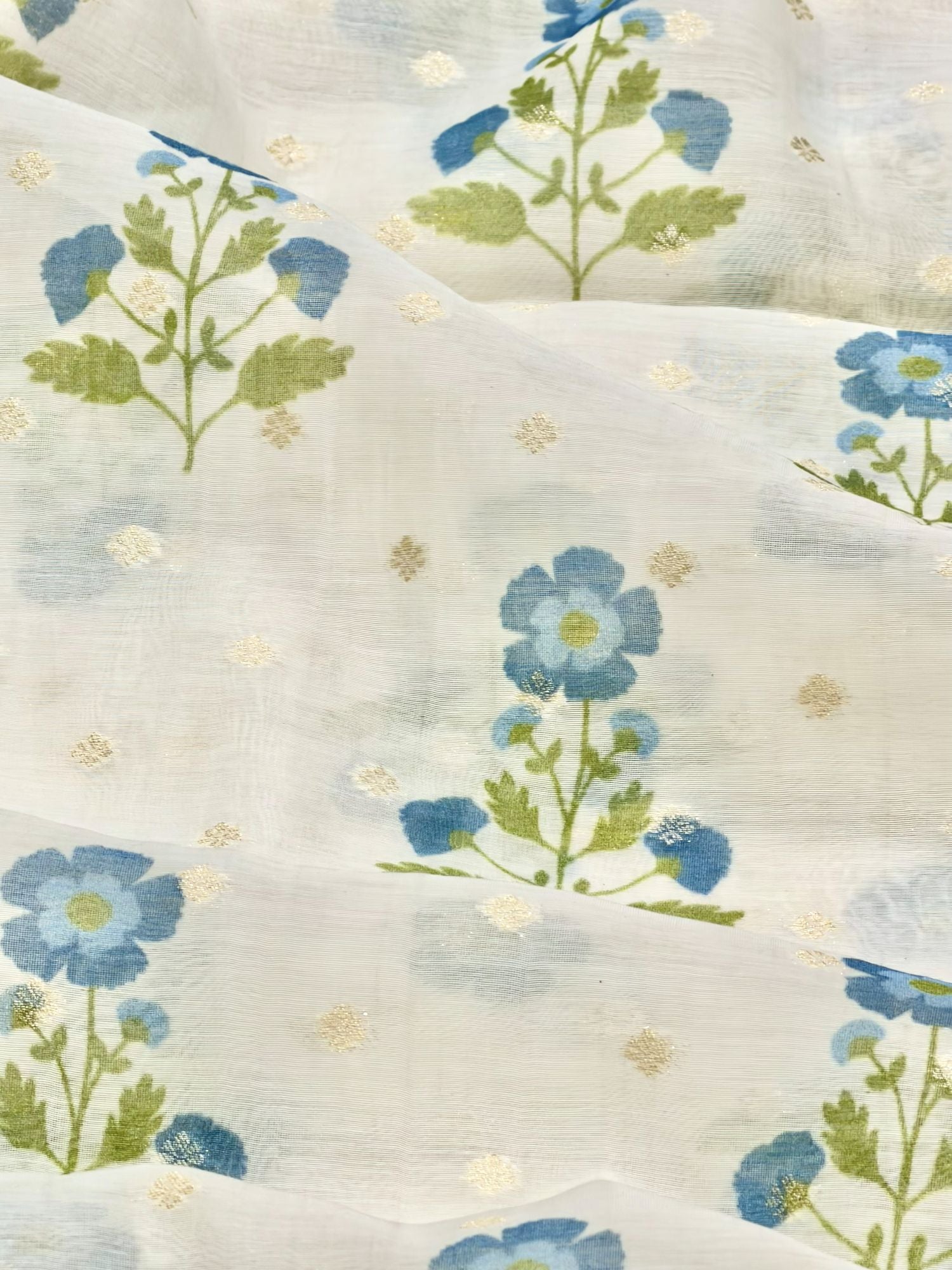 Ivory & Blue Floral Mul Weaving Fabric