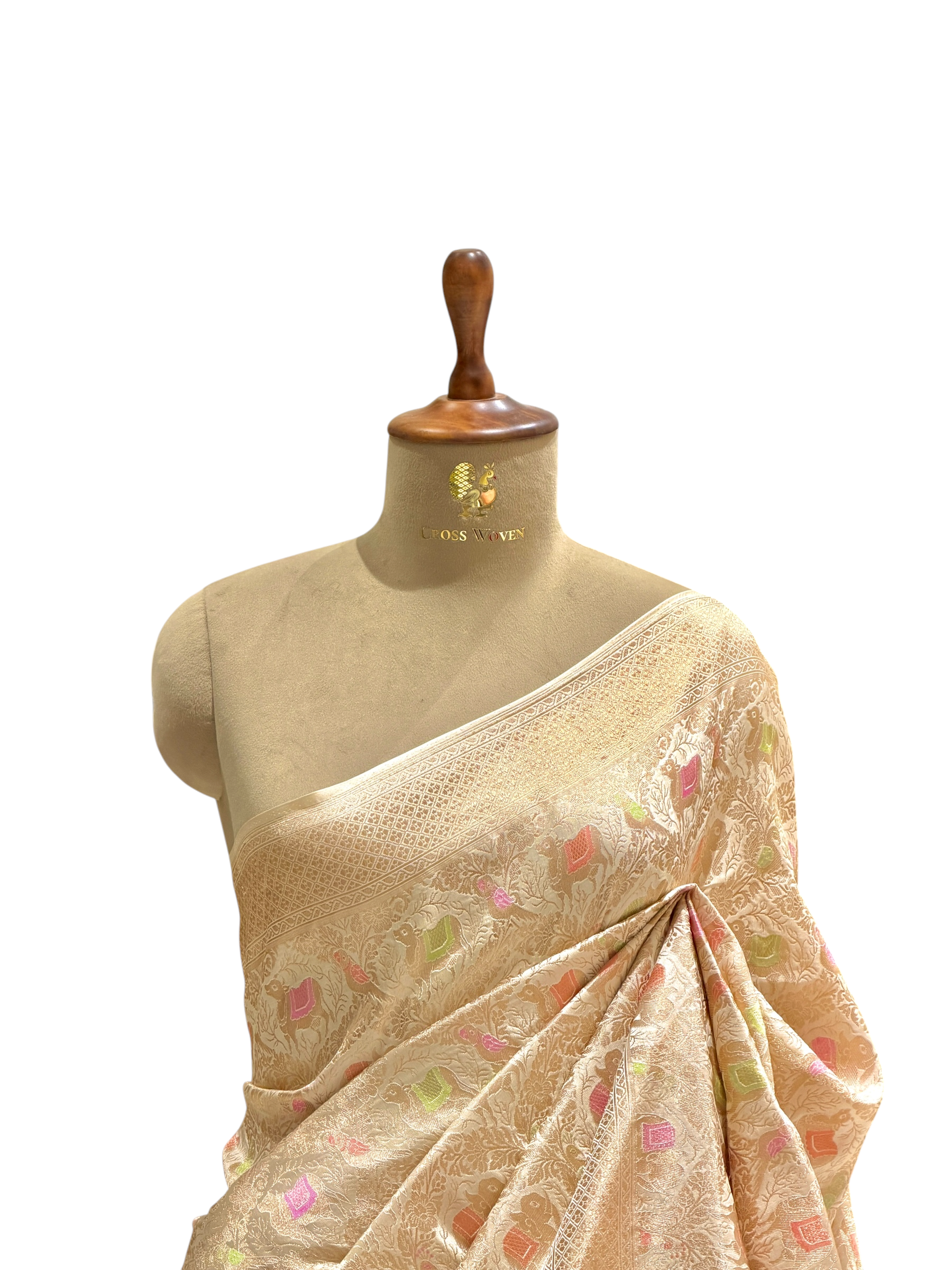 Ivory Katan Silk Saree with Gaj, Nandi & Pakshi Jaal Pattern | Onam Collection