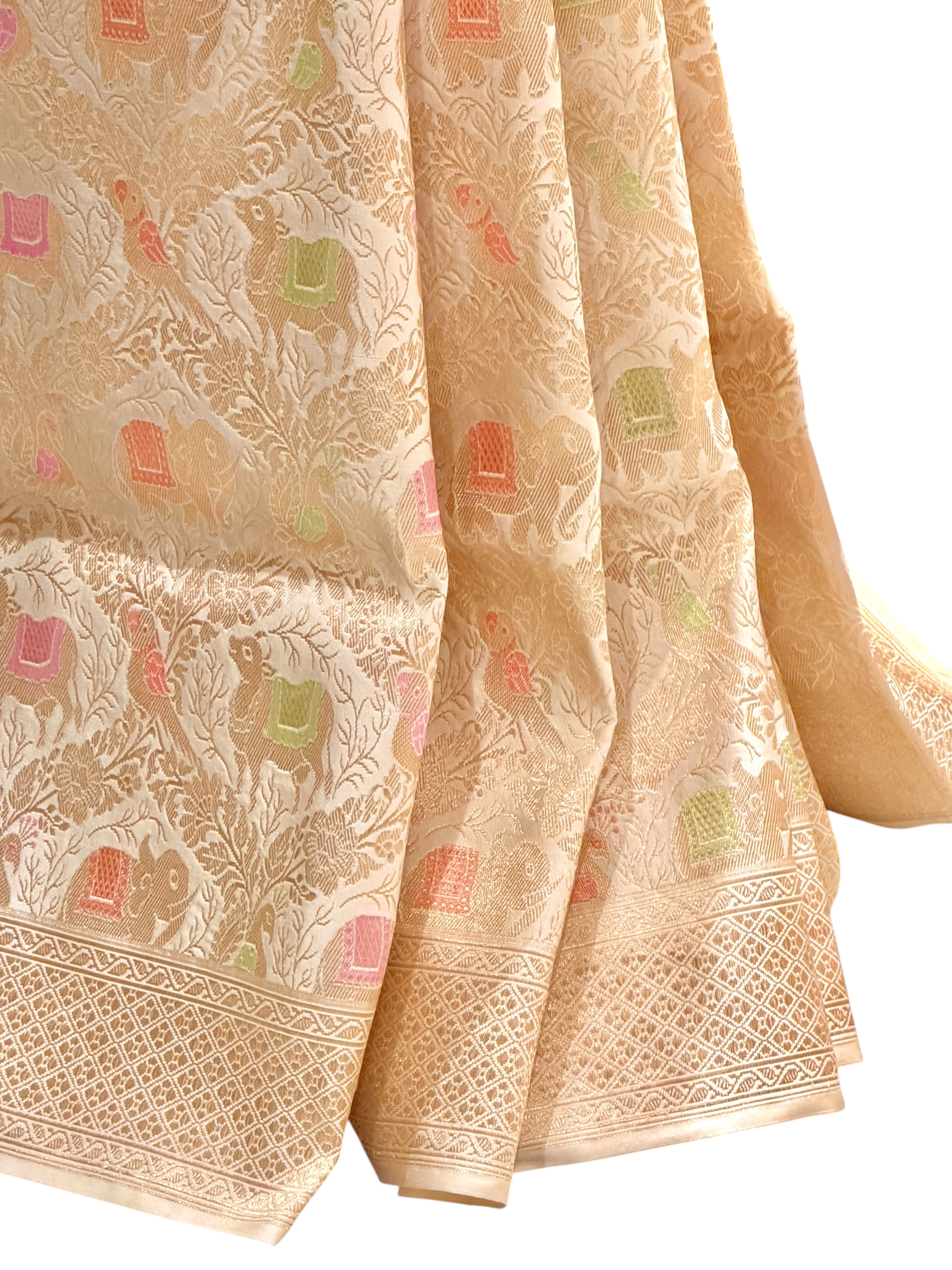 Ivory Katan Silk Saree with Gaj, Nandi & Pakshi Jaal Pattern | Onam Collection