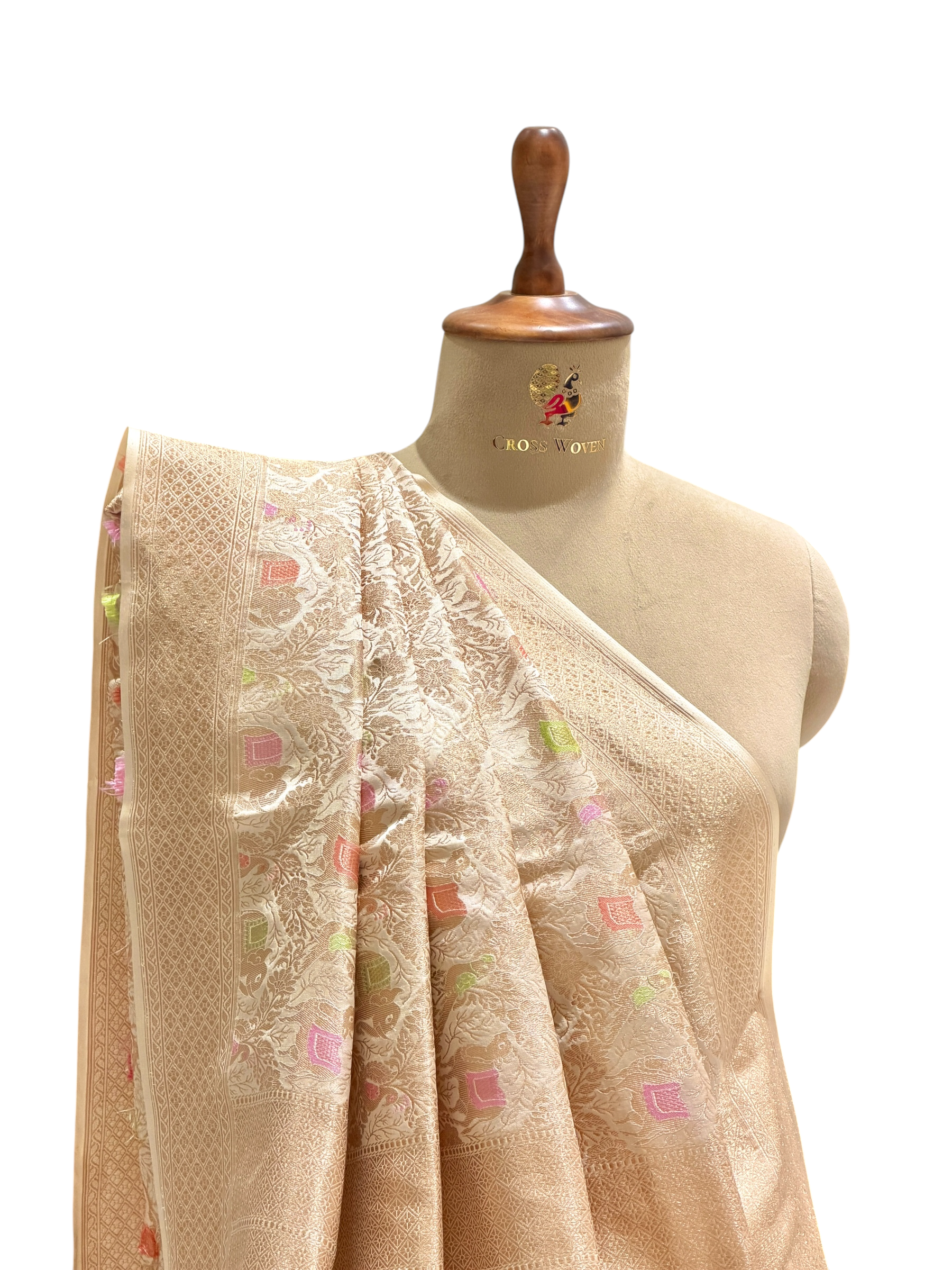 Ivory Katan Silk Saree with Gaj, Nandi & Pakshi Jaal Pattern | Onam Collection