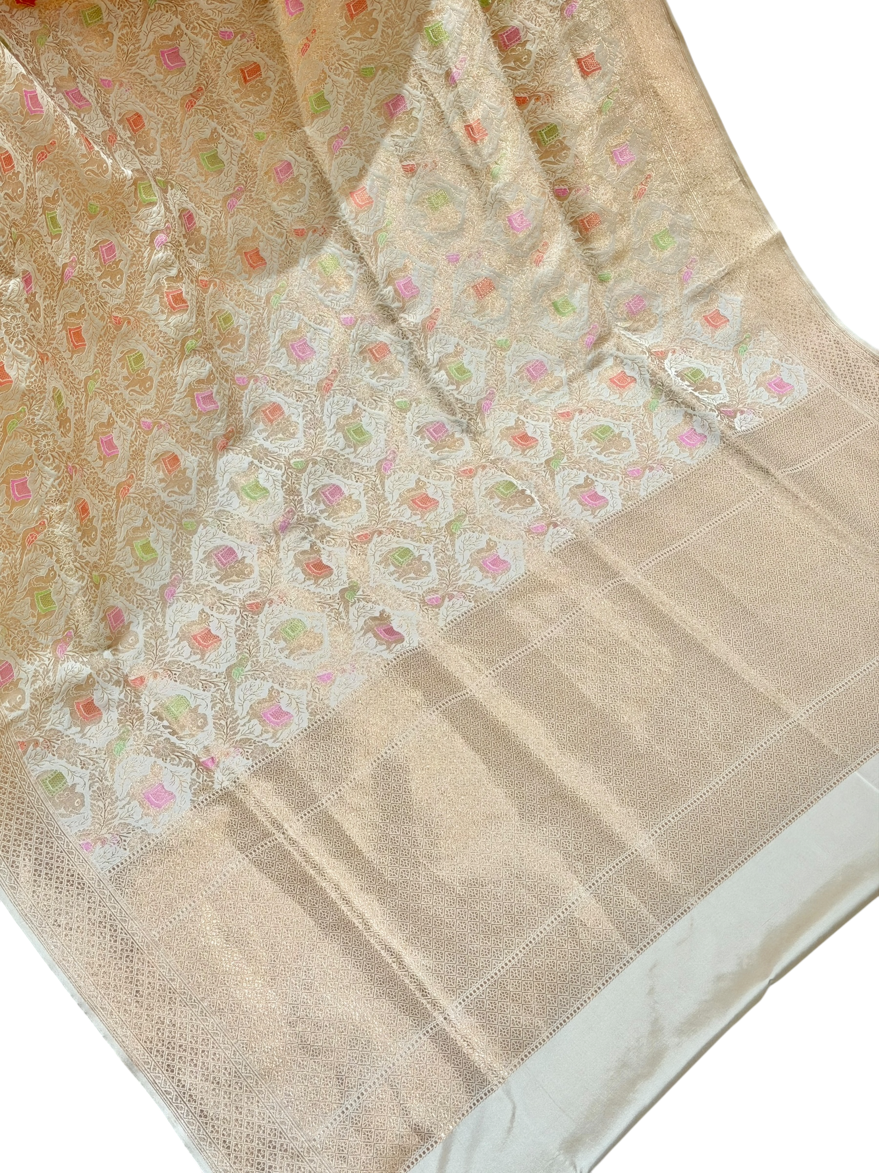 Ivory Katan Silk Saree with Gaj, Nandi & Pakshi Jaal Pattern | Onam Collection