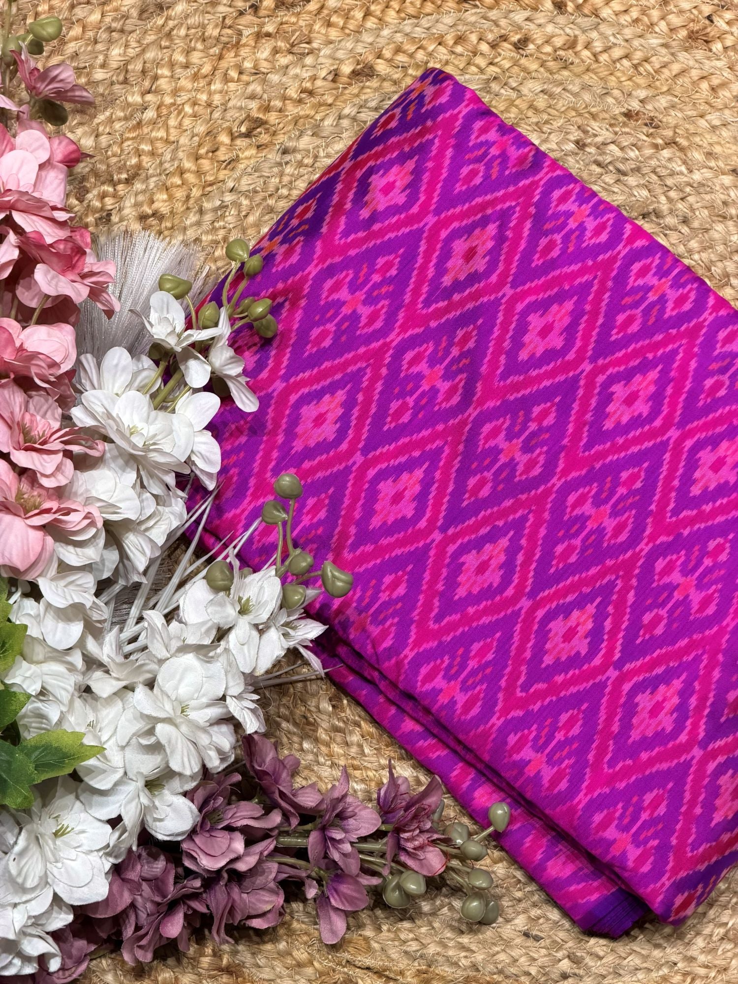 Royal Purple & Pink Pure Silk Ikat Fabric with Traditional Diamond Motifs