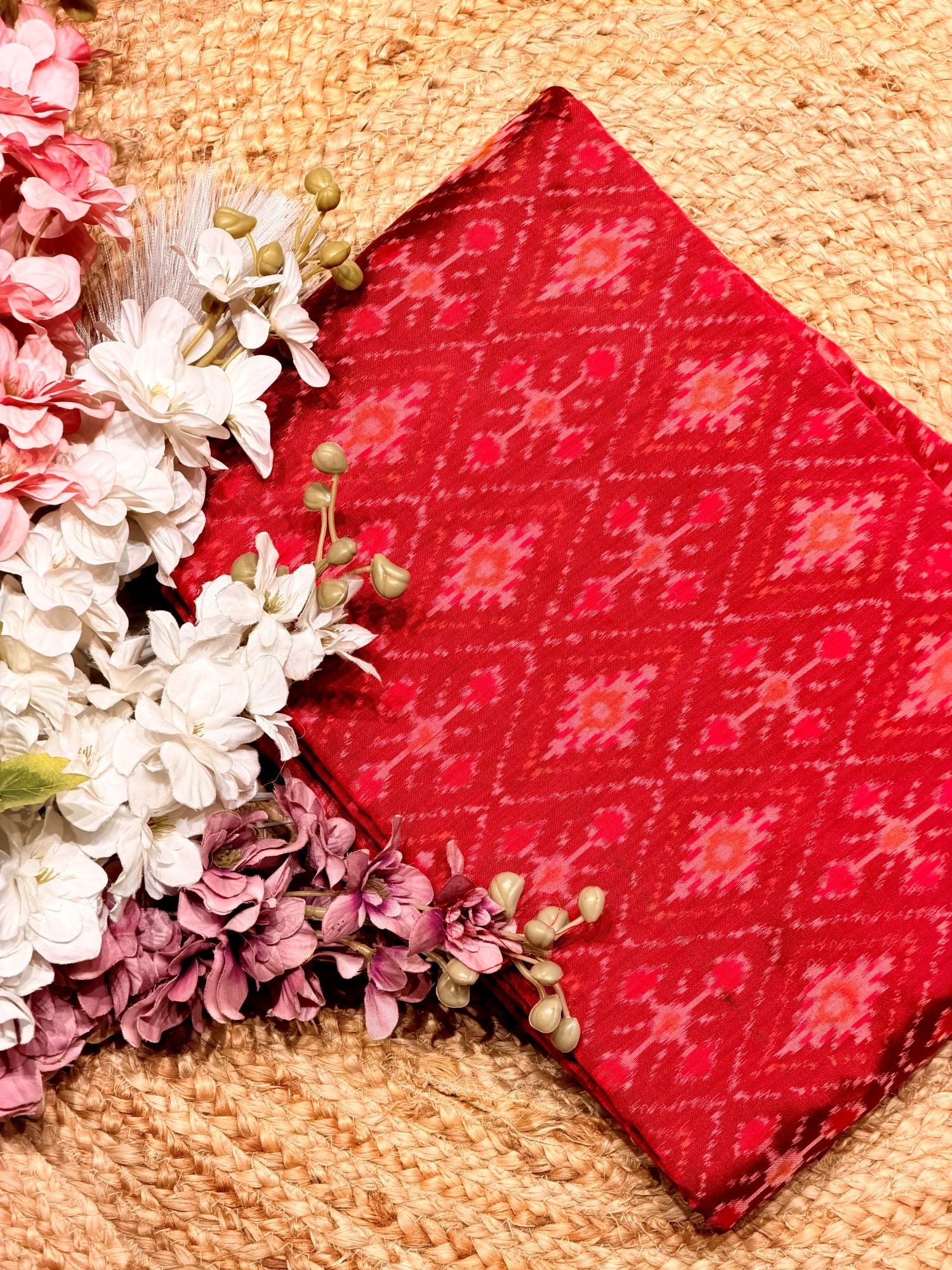 Bright Red Pure Silk Ikat Fabric with Traditional Geometric & Diamond Motifs