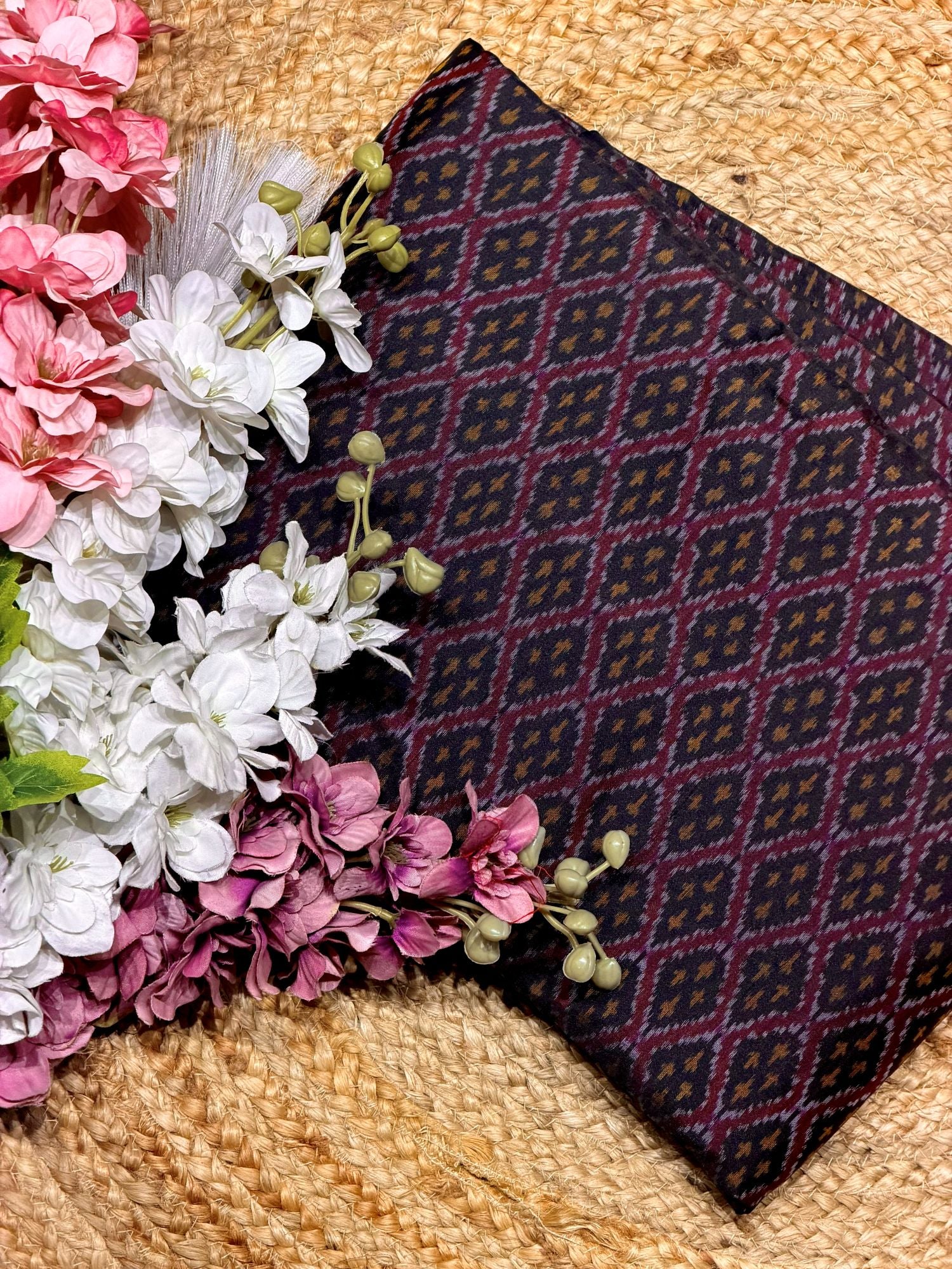 Deep Maroon & Black Pure Silk Ikat Fabric with Traditional Diamond Motifs
