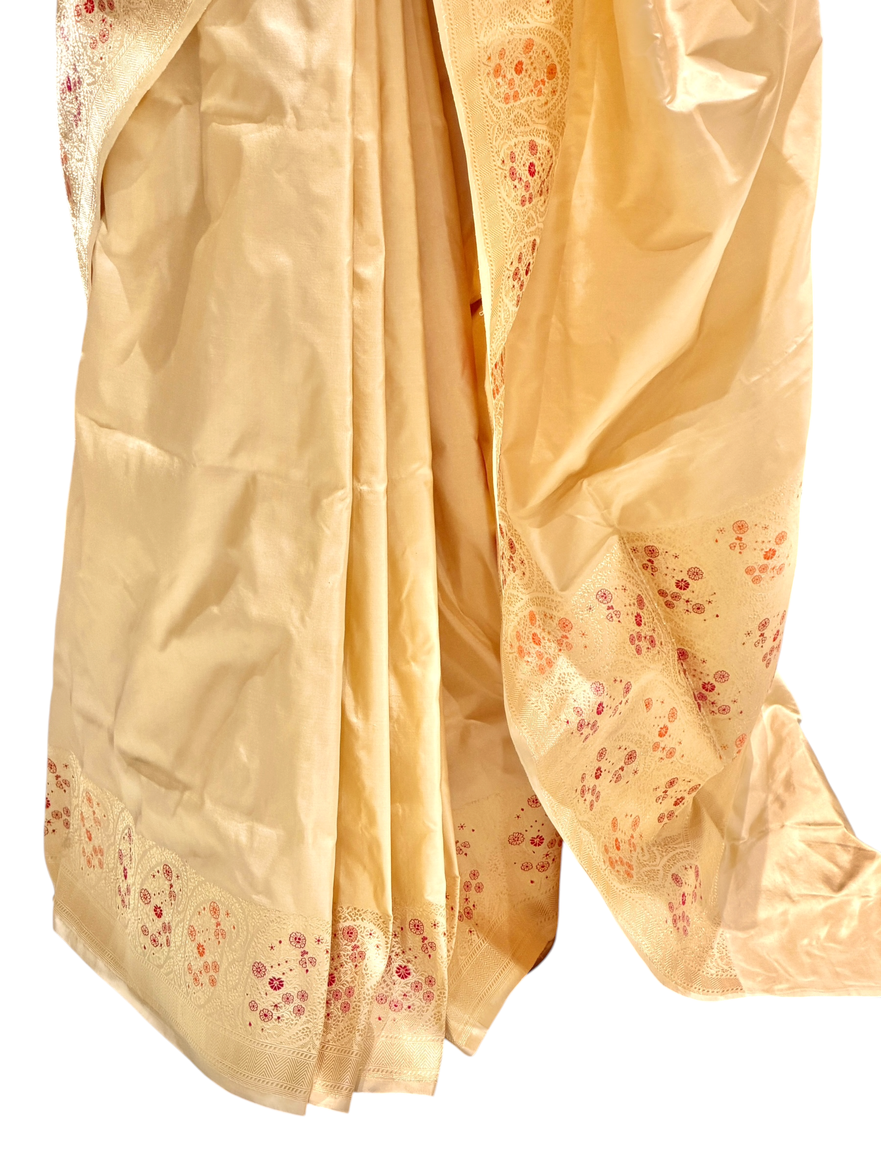 Warm Ivory Katan Silk Saree with Paisley Border | Onam Collection