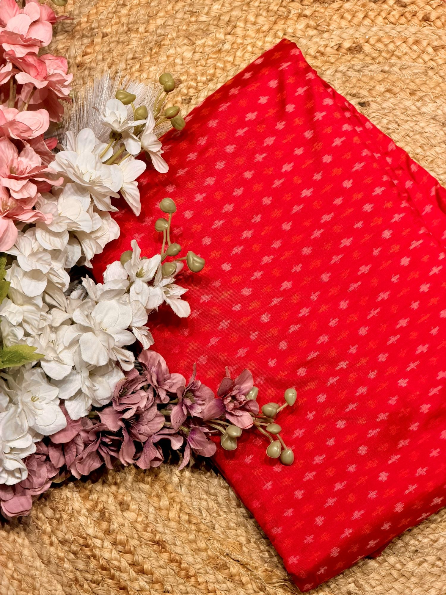Vibrant Red Pure Silk Ikat Fabric with Traditional Cross Motifs