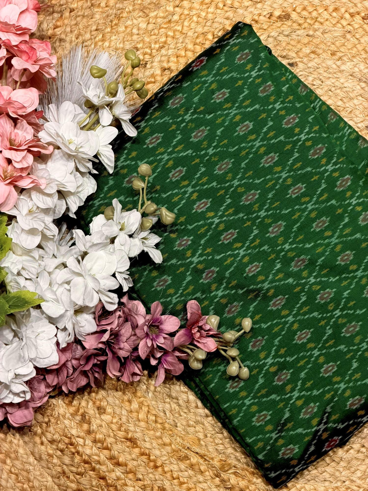 Green Pure Silk Ikat Fabric with Traditional Diamond Motifs