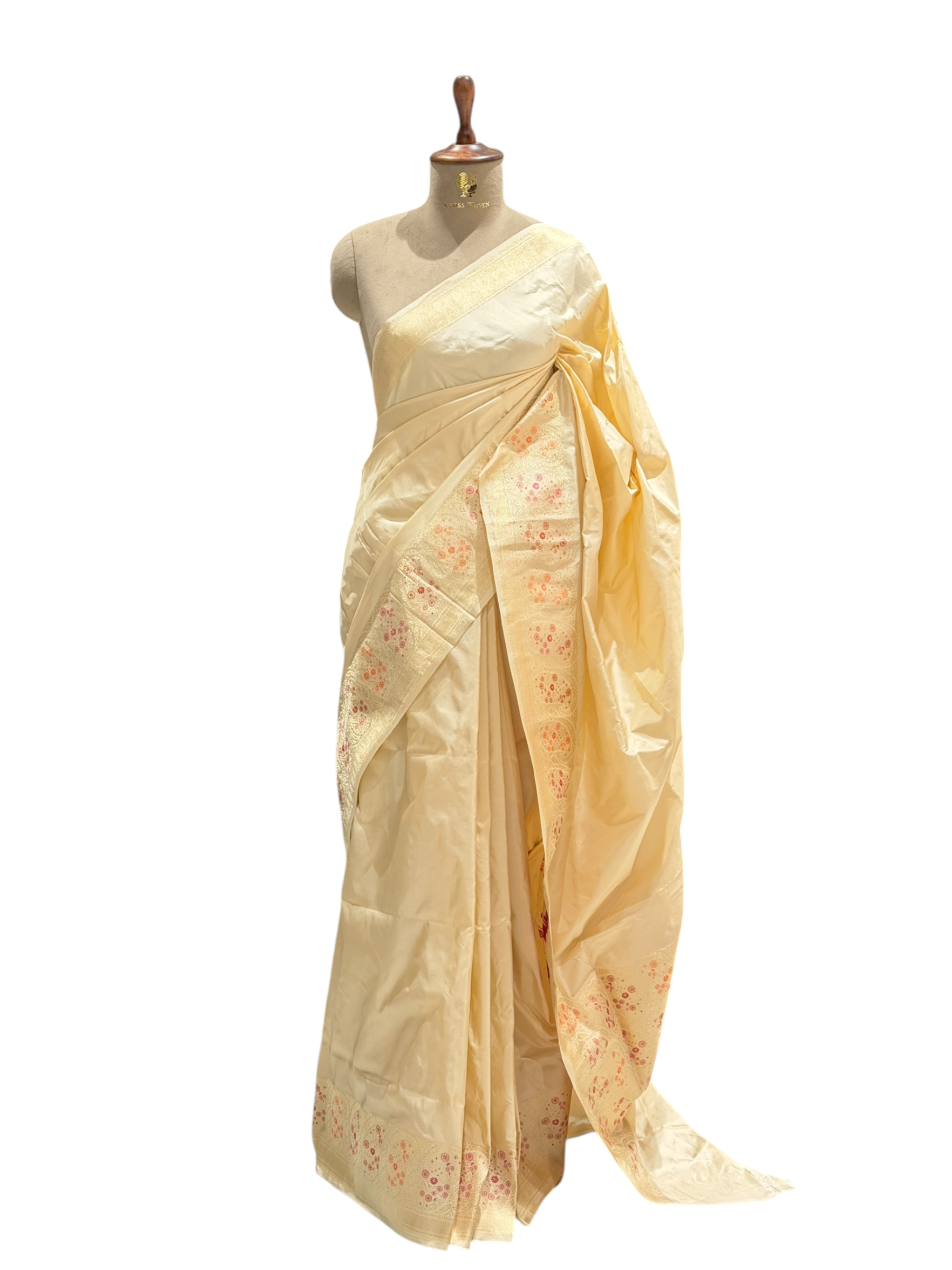 Warm Ivory Katan Silk Saree with Paisley Border | Onam Collection