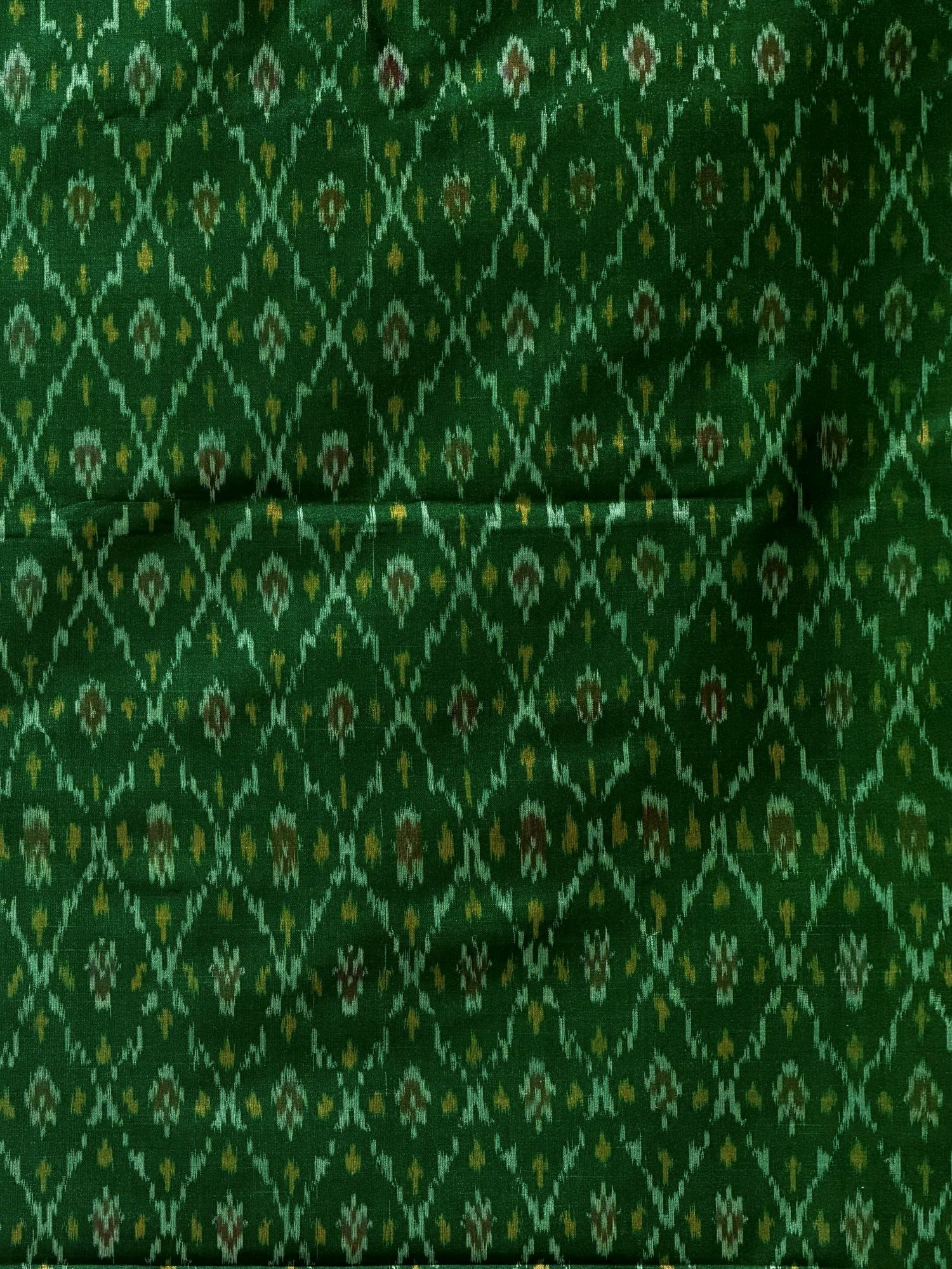 Green Pure Silk Ikat Fabric with Traditional Diamond Motifs