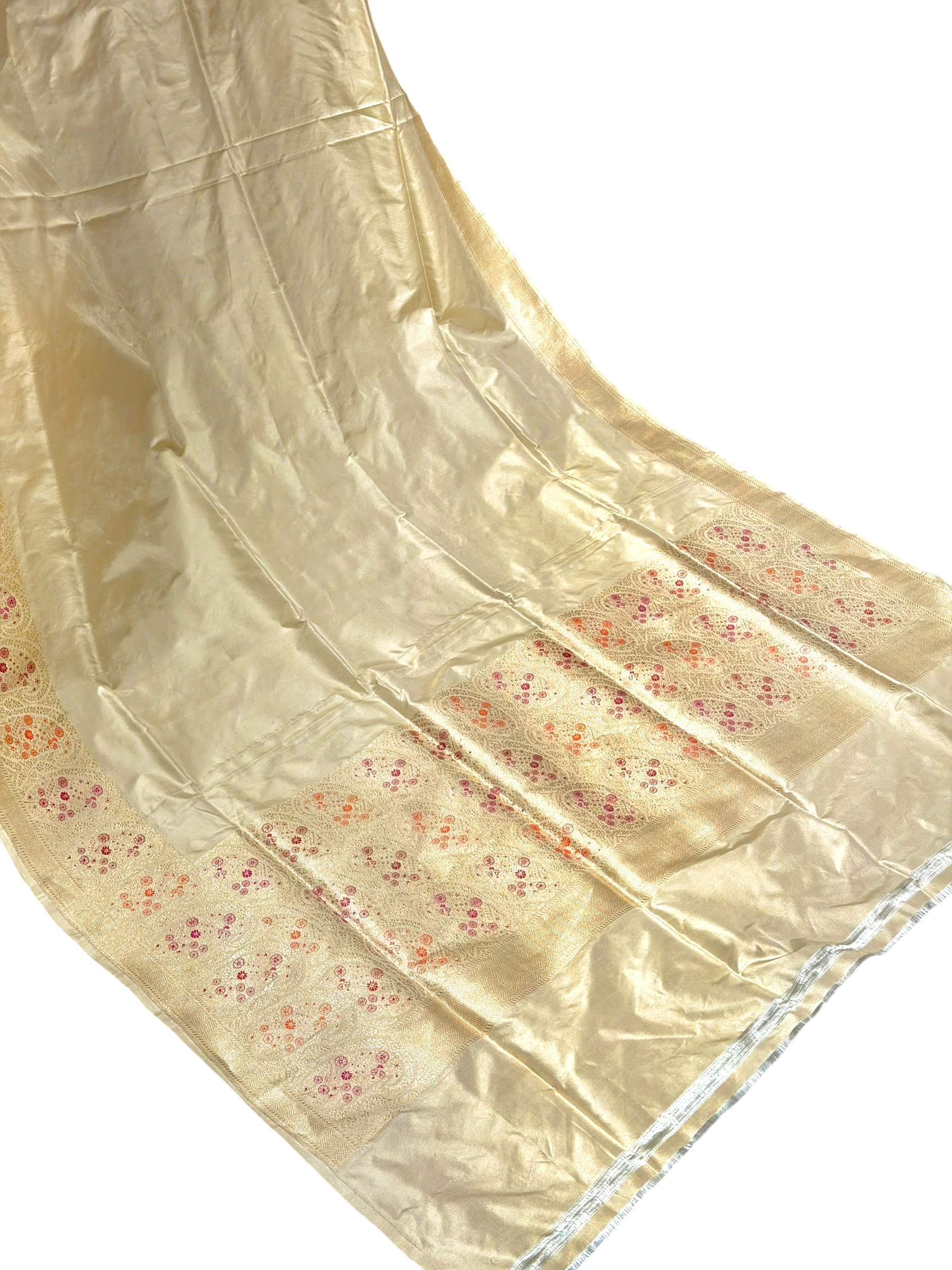 Warm Ivory Katan Silk Saree with Paisley Border | Onam Collection
