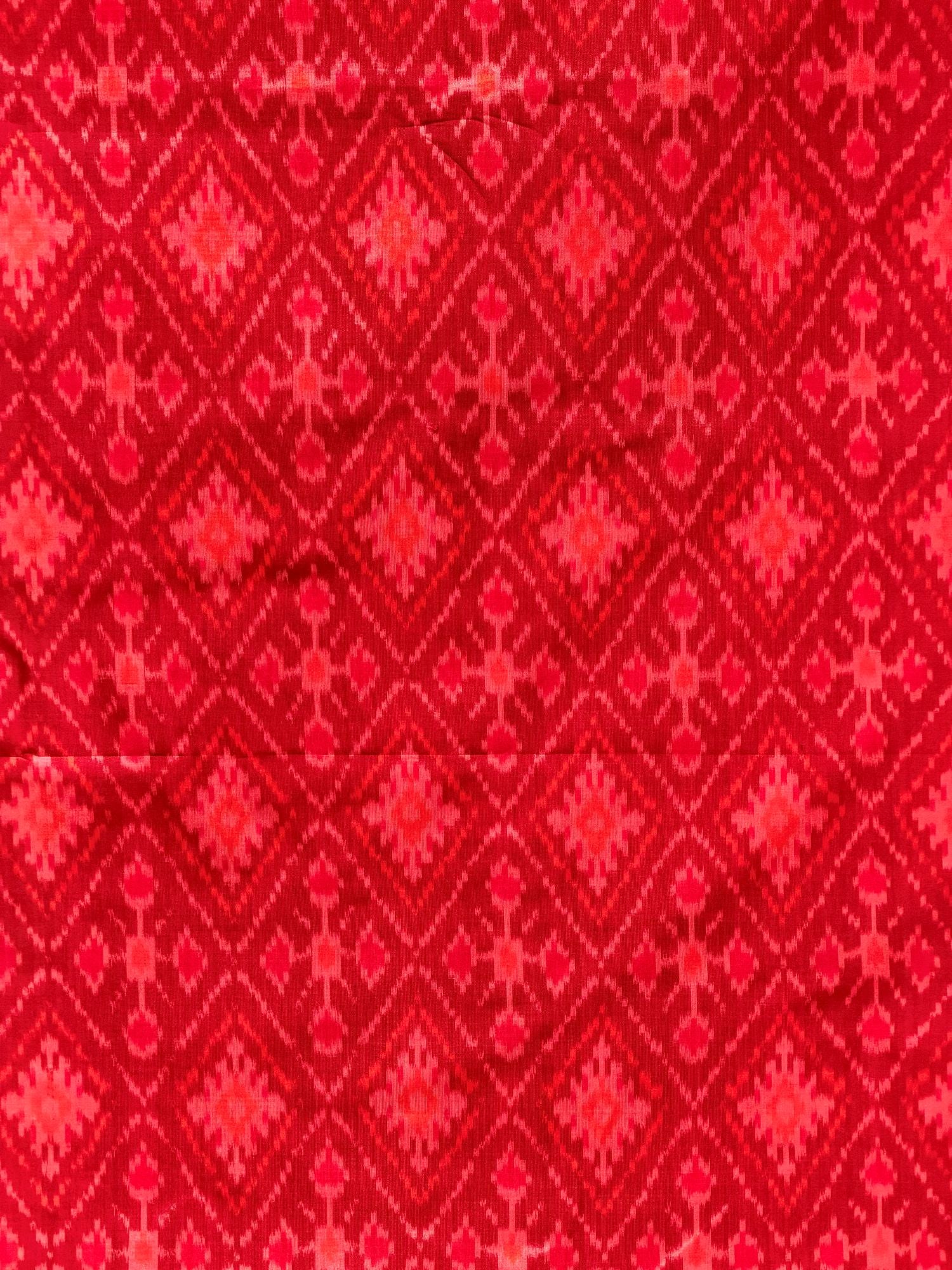 Bright Red Pure Silk Ikat Fabric with Traditional Geometric & Diamond Motifs
